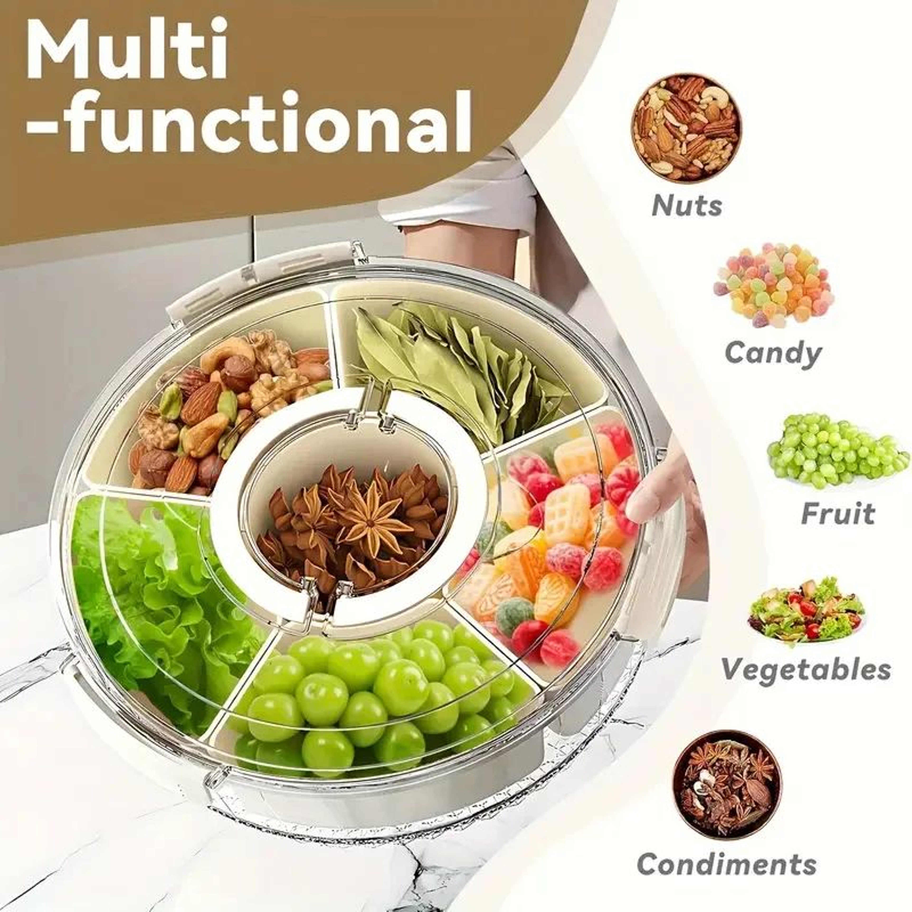 Divided Rotating Snack Serving Tray With Lid  Handle  Portable Clear Snackle Box For Fruits Veggies 1