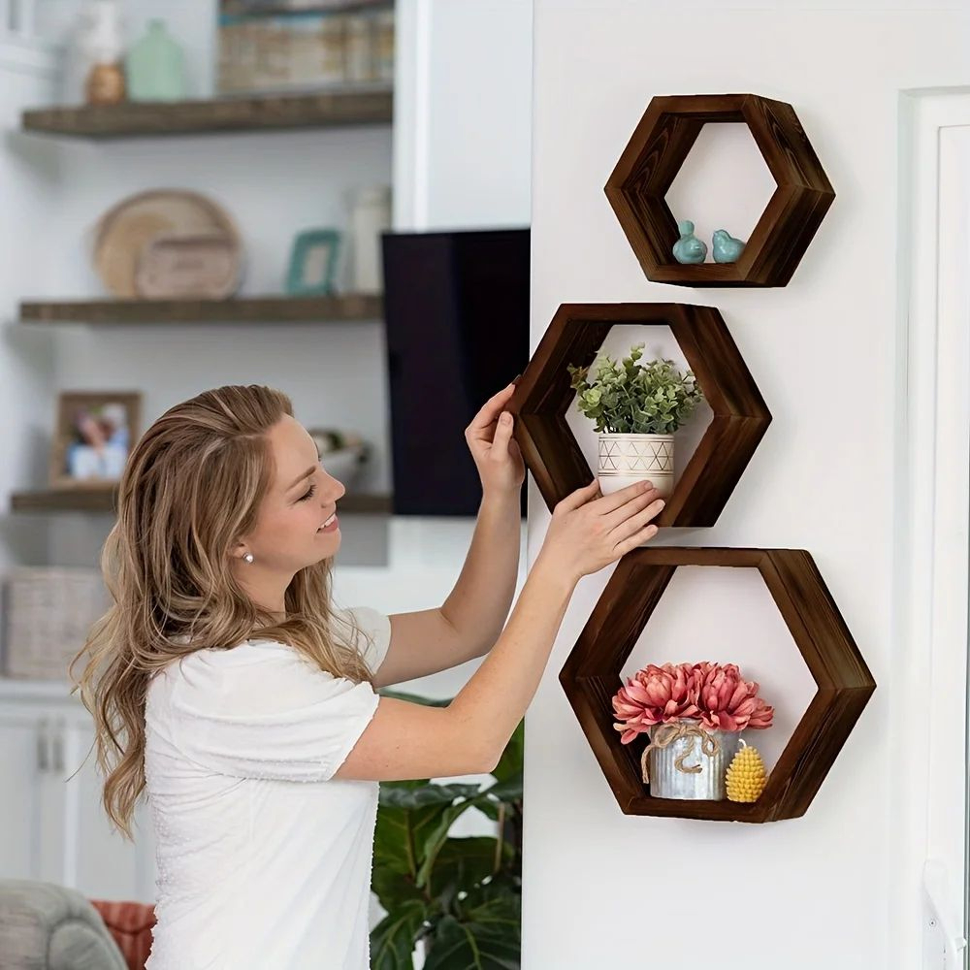 Hexagon Floating Wall Shelf  Wooden Geometric Storage Rack For Bathroom Bedroom  Living Room Decor 1