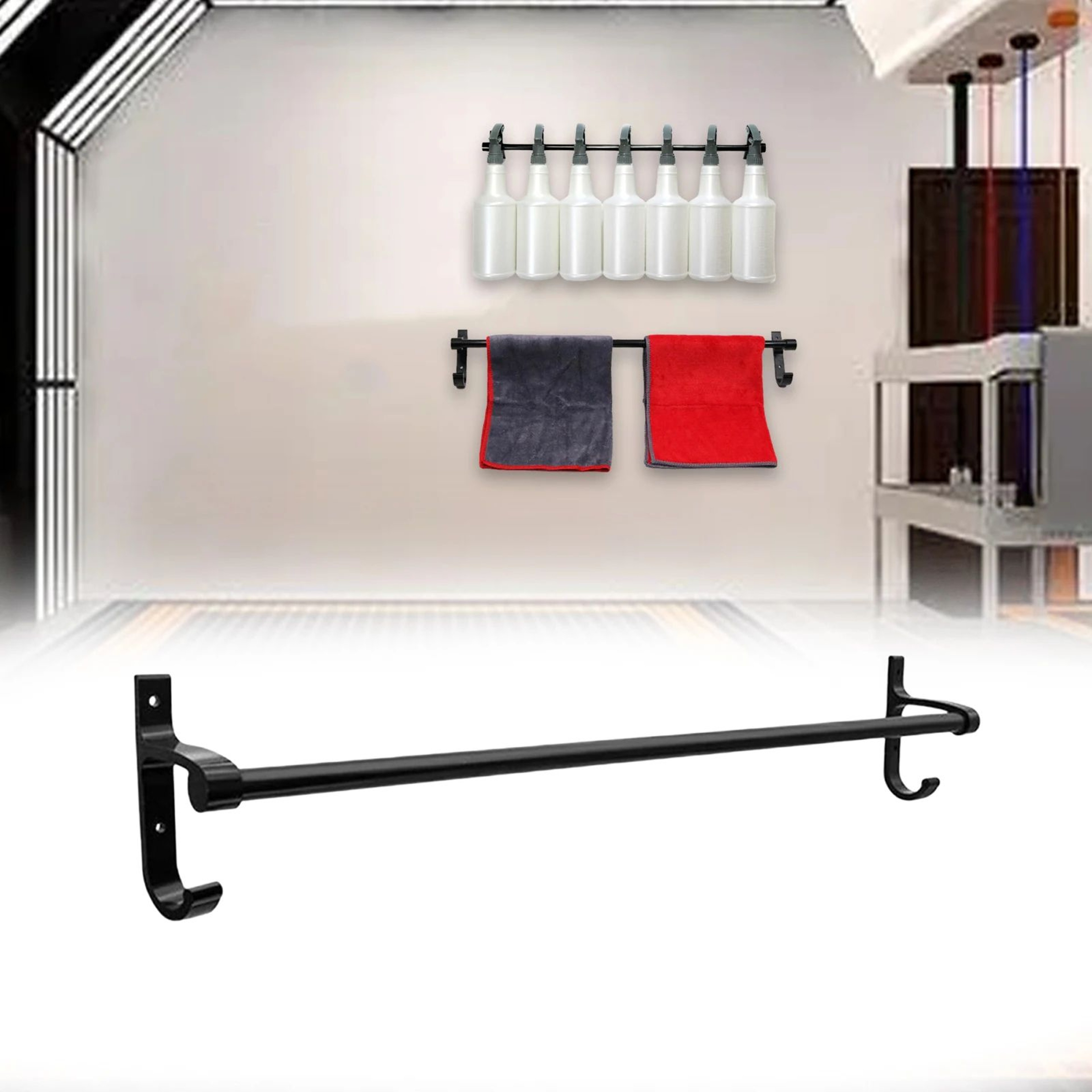 Aluminum Spray Bottle Holder  Towel Rack  WallMounted Garage Organizer For Car Detailing Supplies 0
