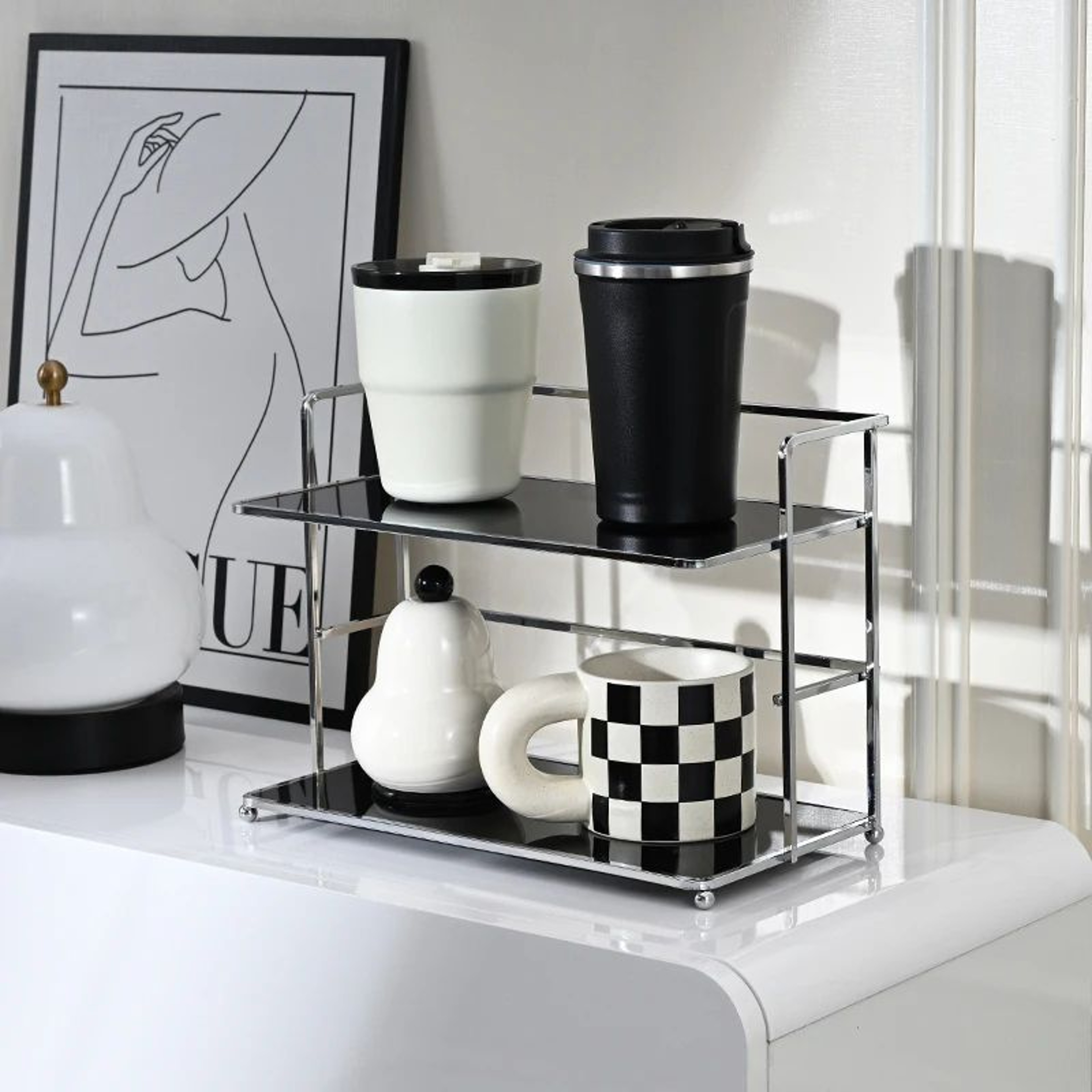 DoubleLayer Metal Desktop Storage Rack  Multifunctional Cup Holder  Acrylic Kitchen Organizer Shelf 3