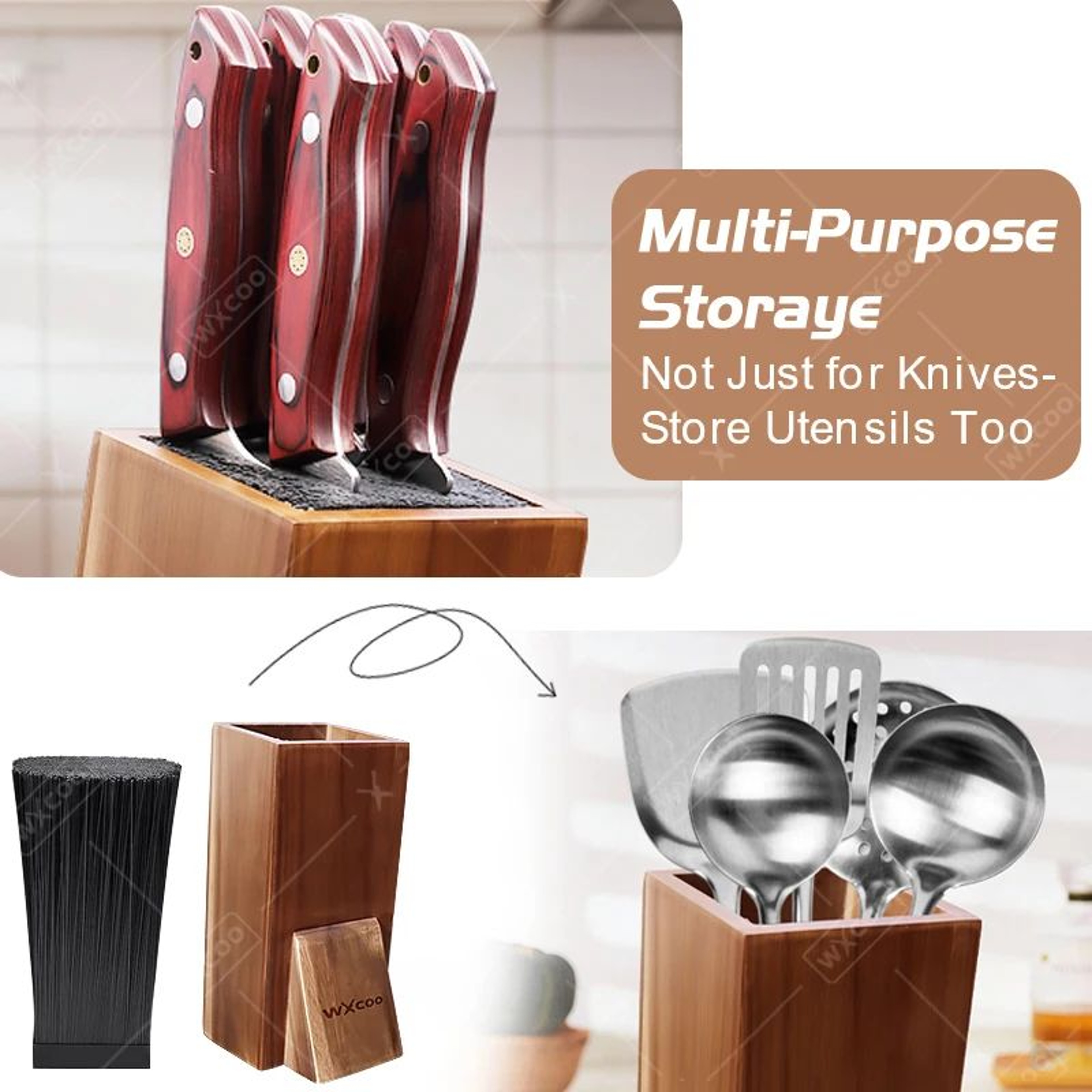 Acacia Wood Universal Knife Block  Solid Wood Kitchen Knife Holder With Removable Bristle Insert 3