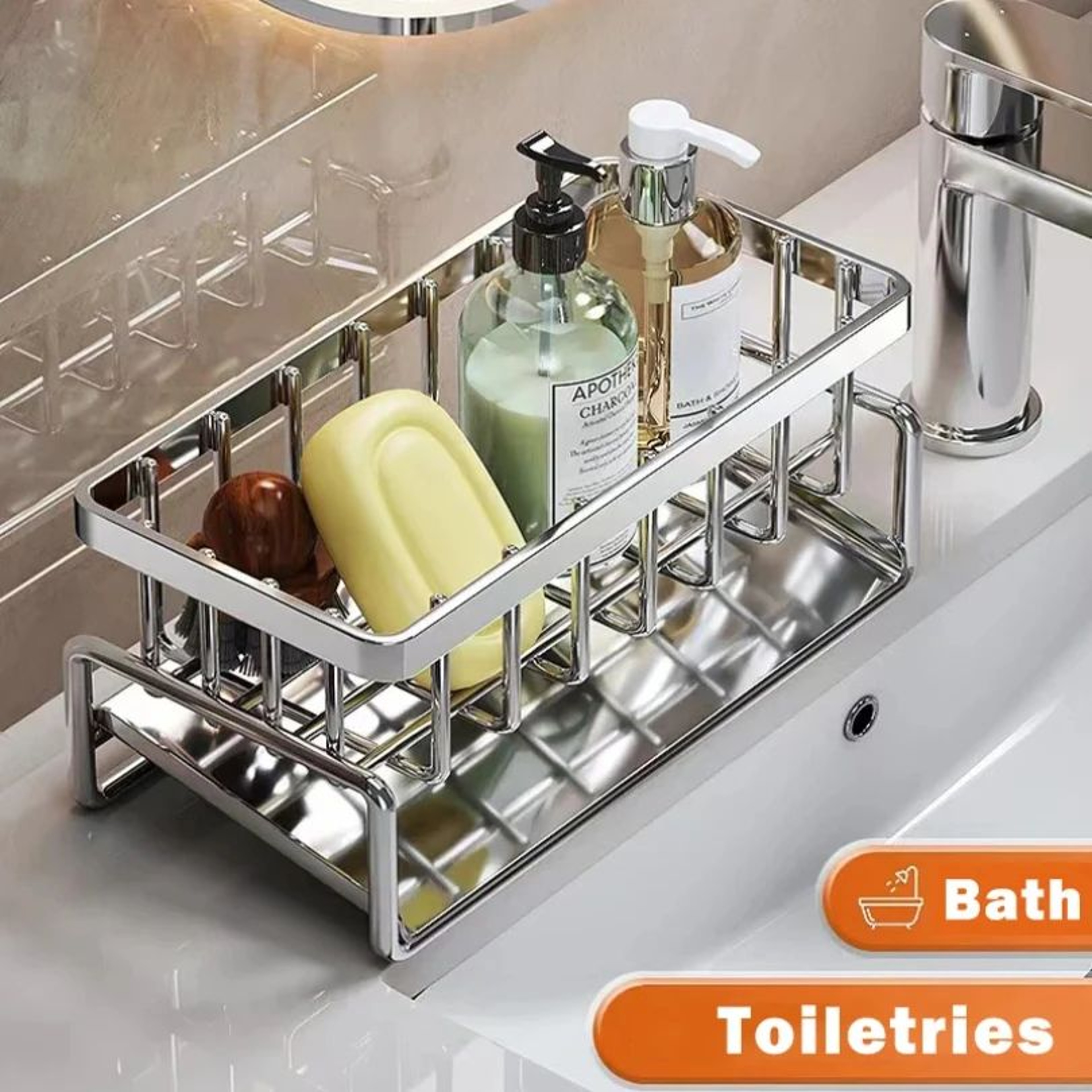 Stainless Steel Sink Caddy Organizer  Kitchen Sponge Holder With Drain Rack Rag Hanger  Dish Brush  1