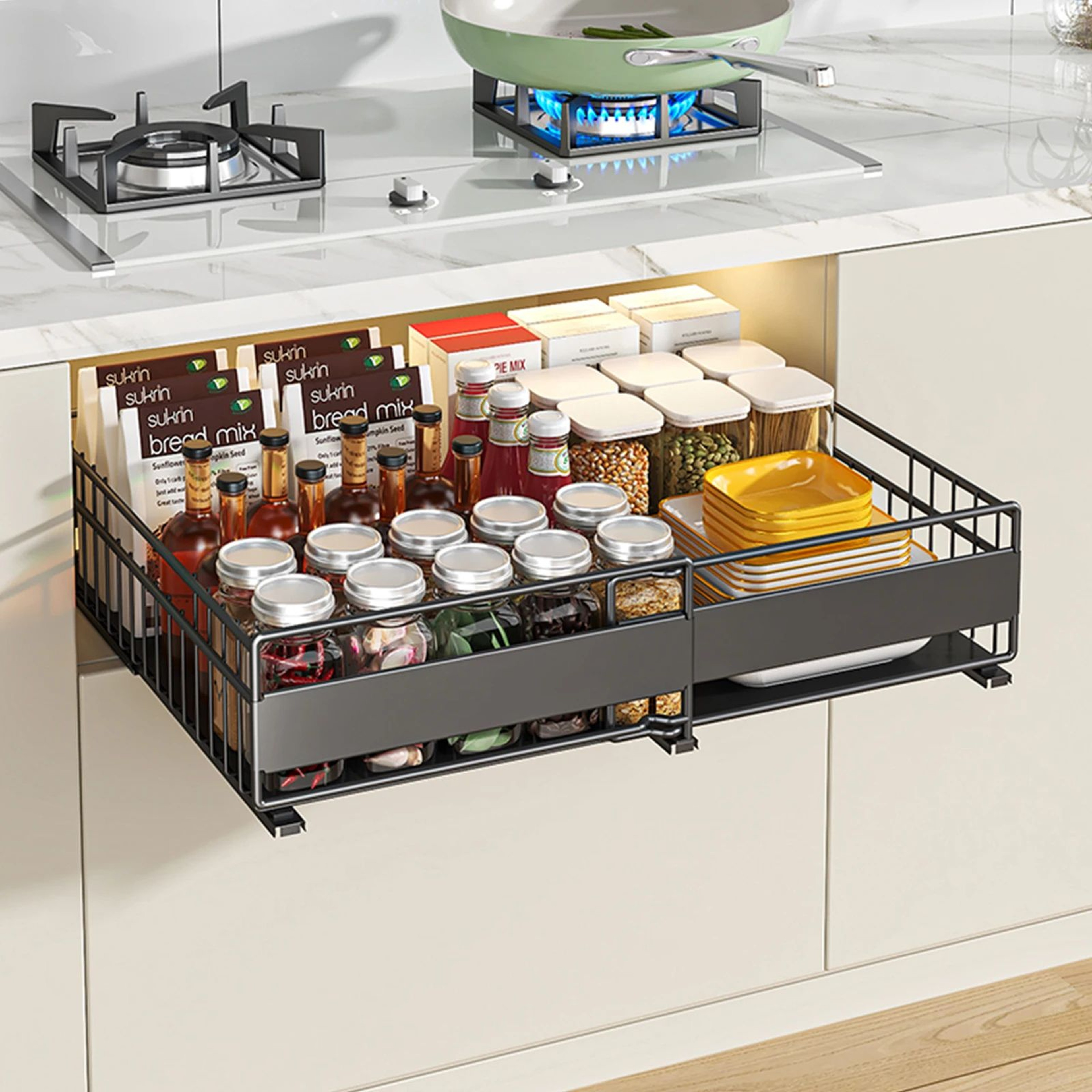 Retractable Under Sink Storage Rack  PunchFree Metal PullOut Kitchen Cabinet Organizer For Pots Bow 2