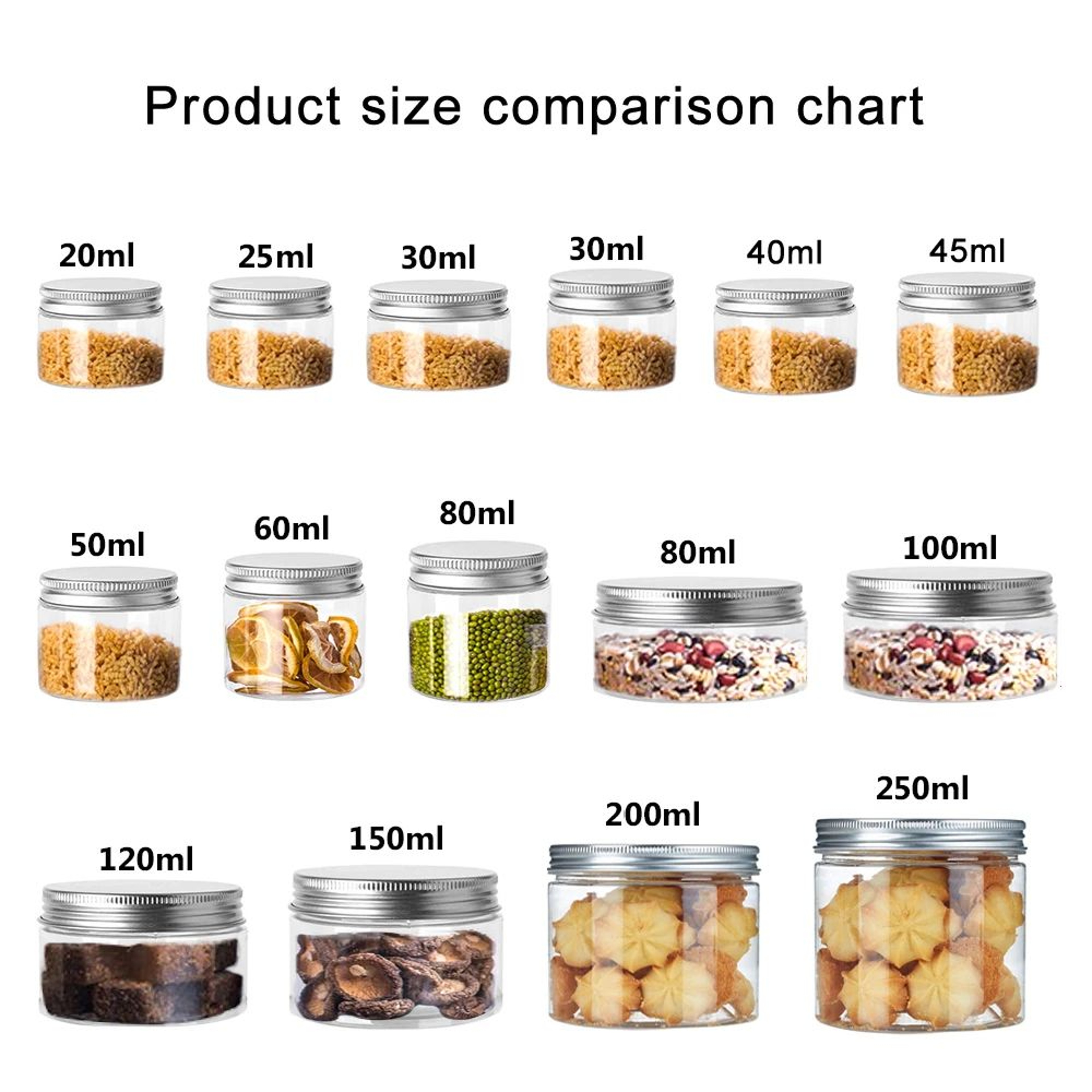 20250 ML Clear Plastic Storage Jars With Aluminum Lids  Airtight WideMouth Food Cosmetic  Travel Co