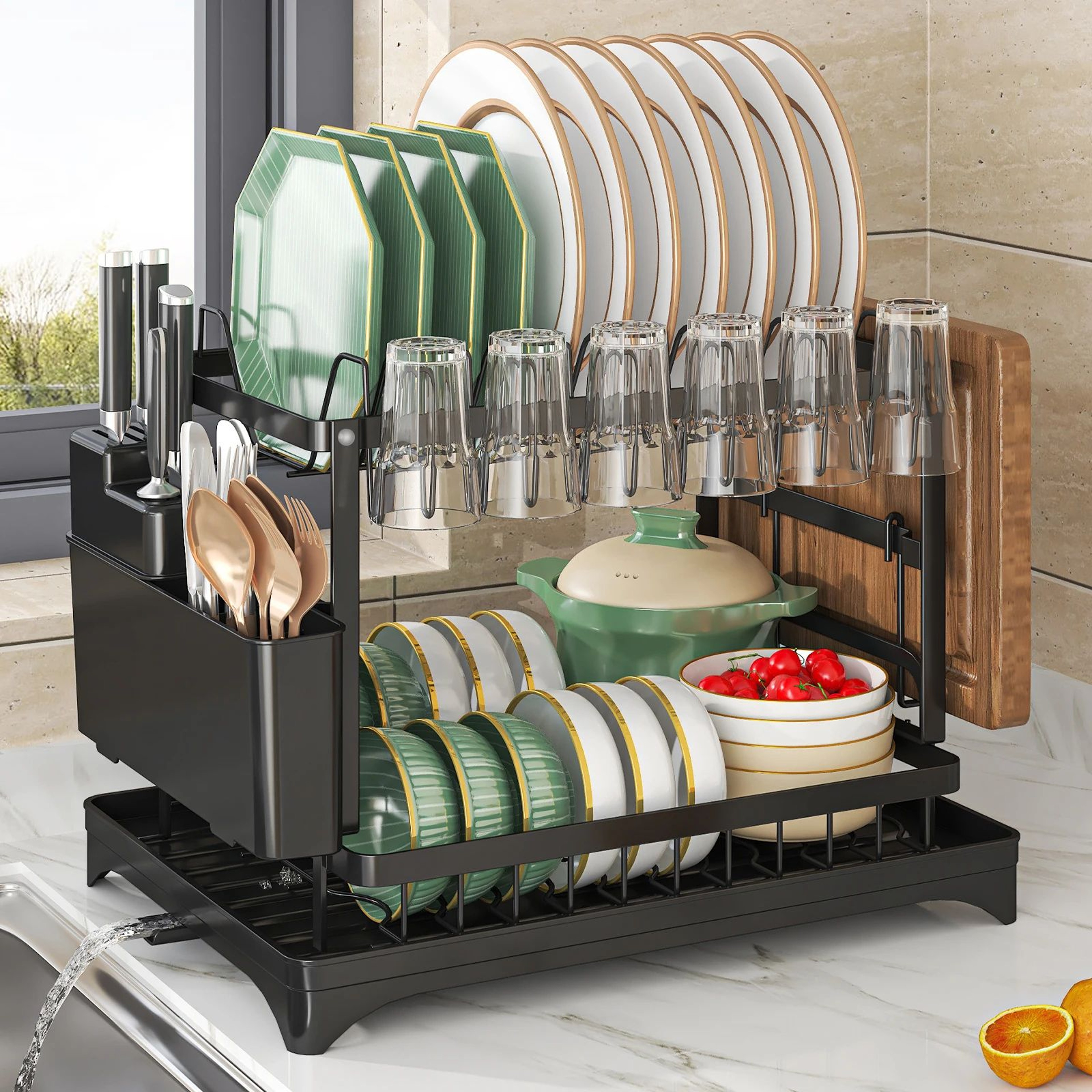 2Tier Dish Drying Rack  Metal Kitchen Countertop Dish Drainer With Cutlery Holder Cup Rack  Drain T 0