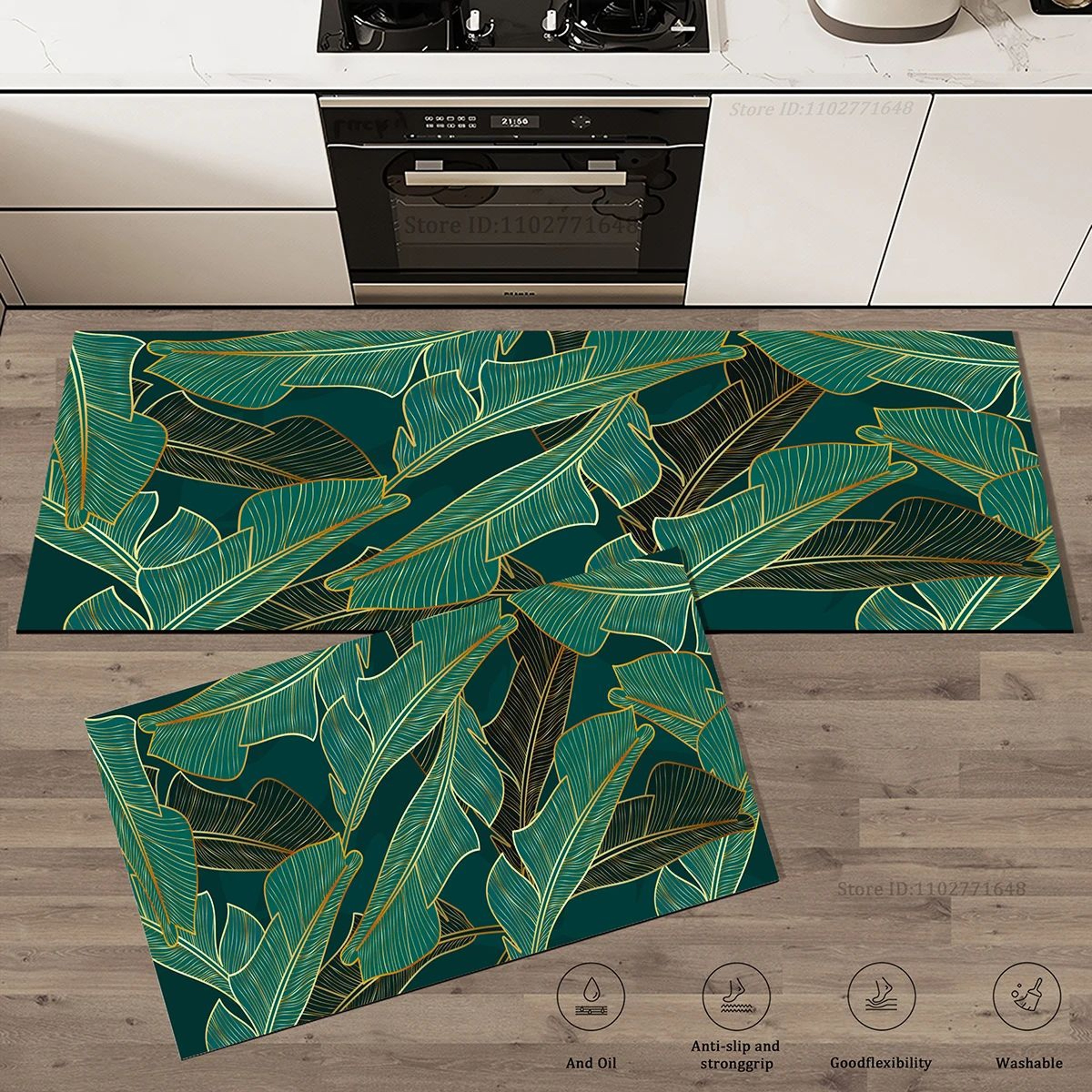 Green Leaves Kitchen Floor Mat  NonSlip Absorbent Crystal Velvet Rug For Kitchen Bathroom Entryway  2