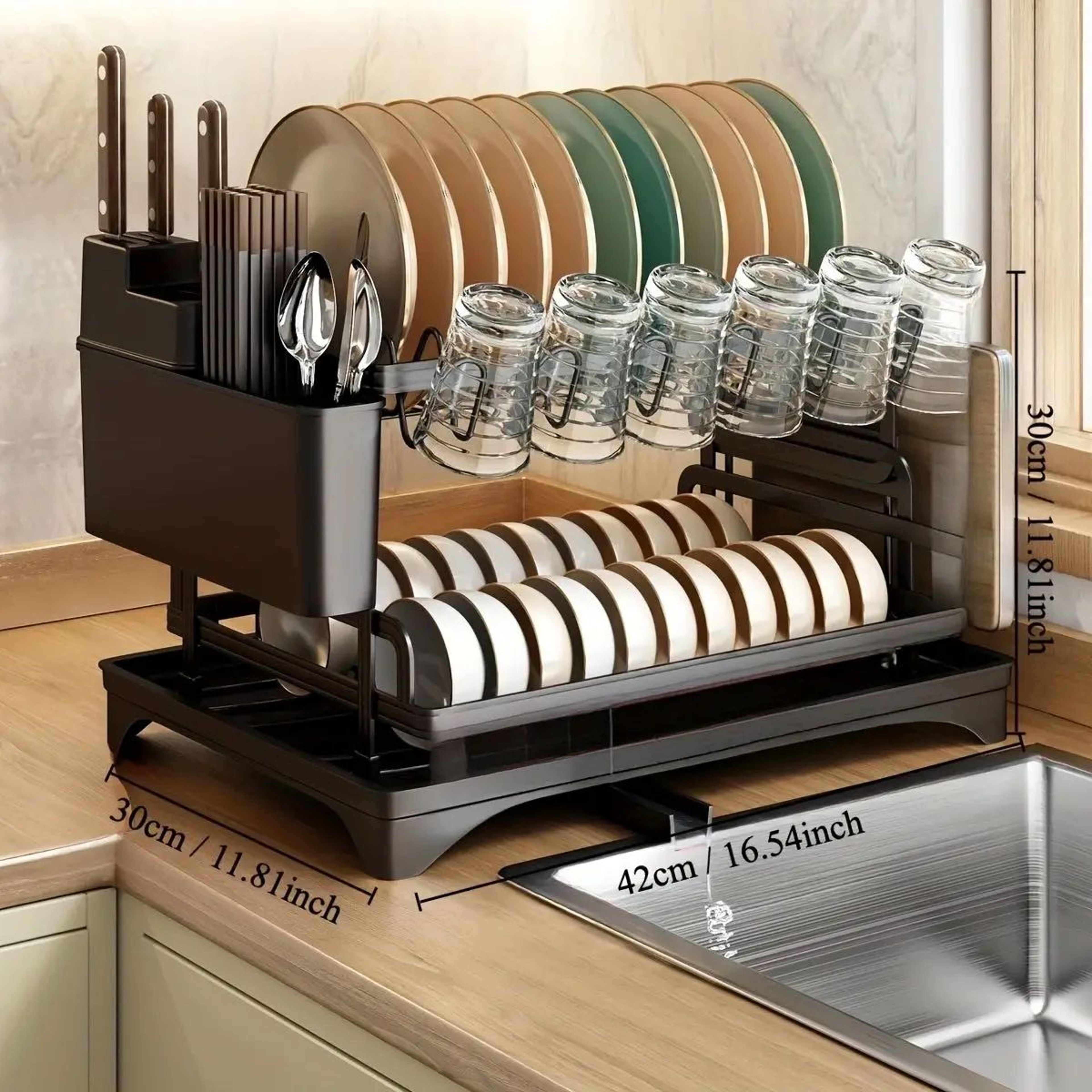 2Tier Dish Drying Rack  Kitchen Counter Dish Rack With Bowl Cup Utensil  Cutlery Storage Organizer 6