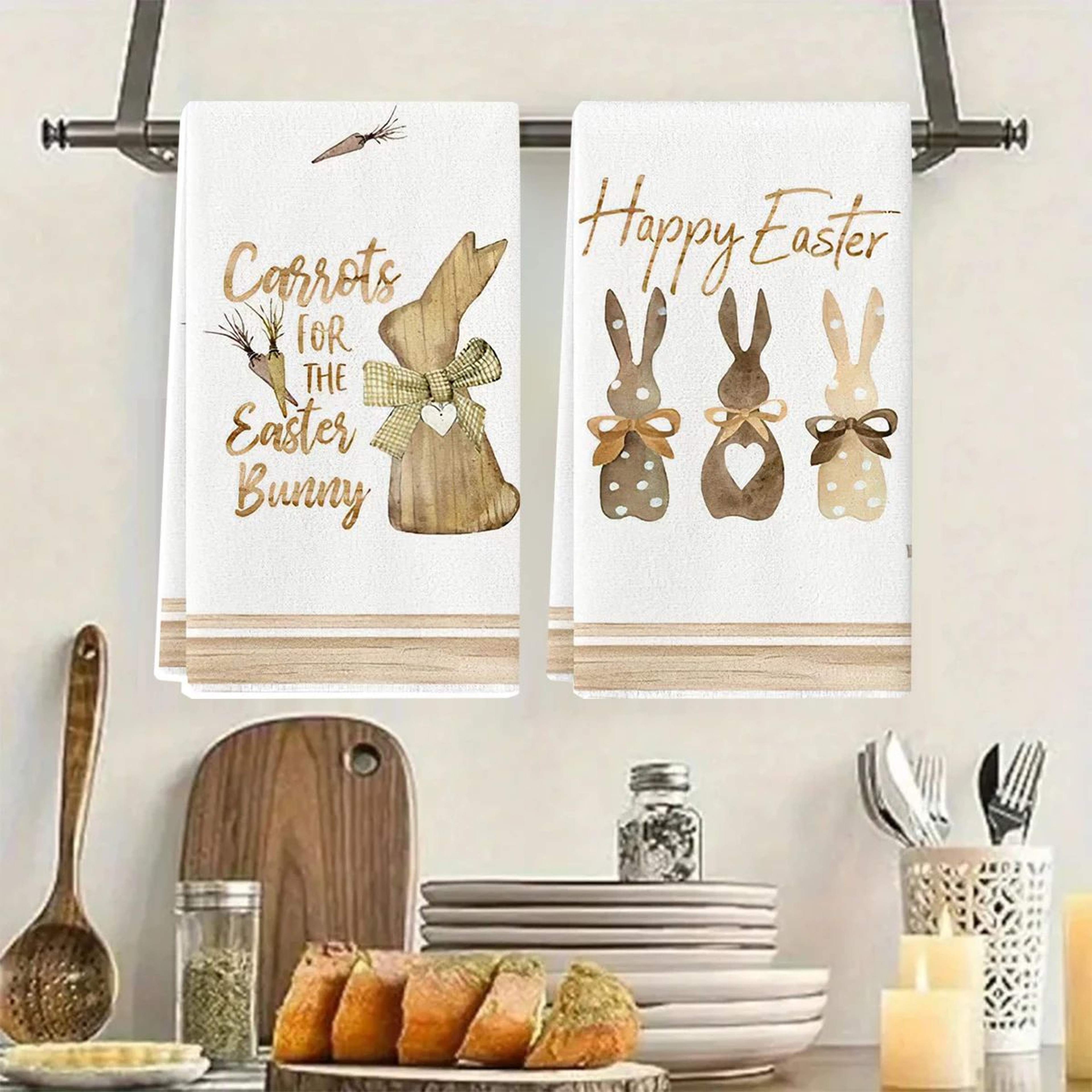 Bunny Print QuickDrying Kitchen Dish Towel  Easter Bunny Pattern 100 Polyester Decorative Dishcloth 0