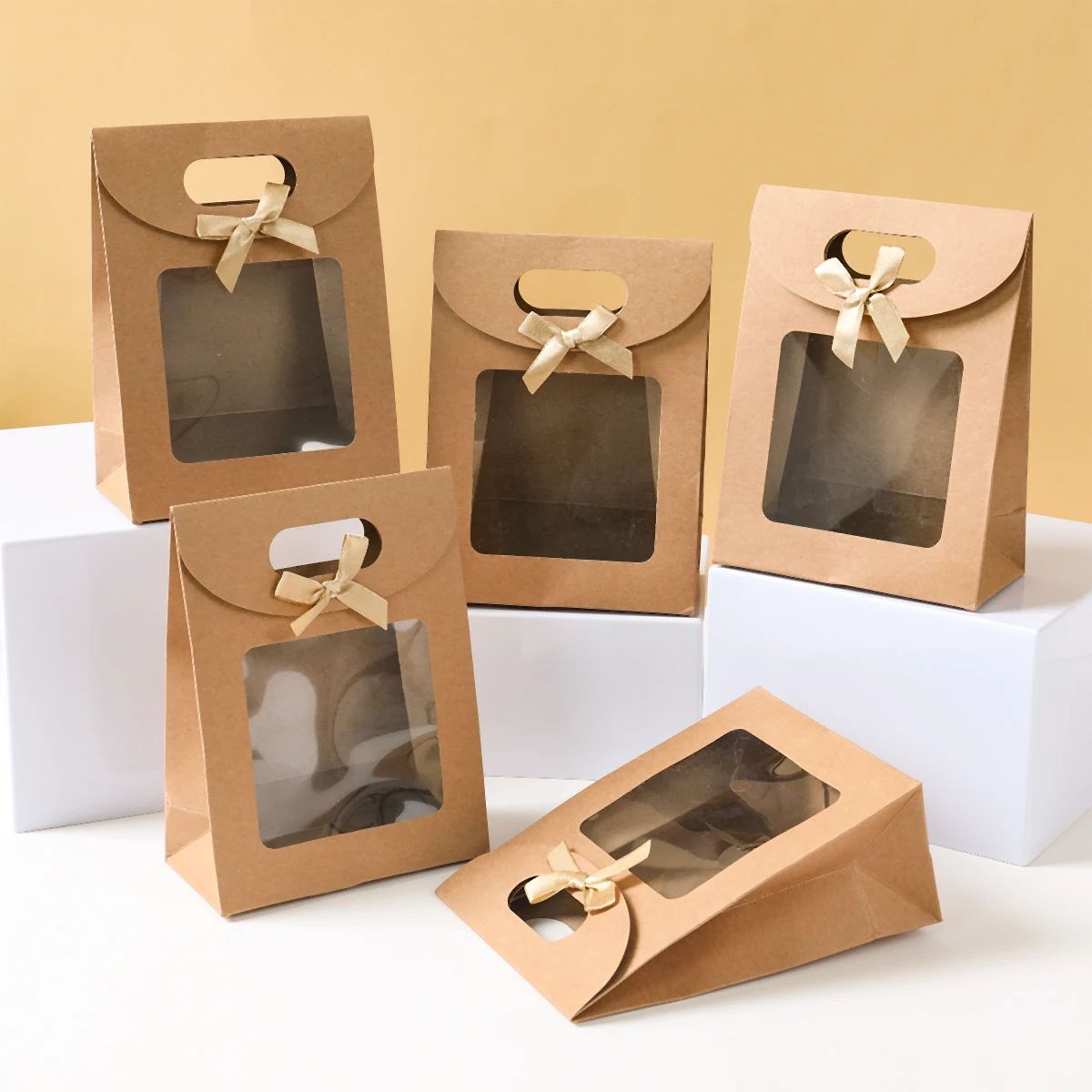 5pcs Elegant Kraft Paper Gift Bags With Clear PVC Window  Golden Bow  Portable Gift Bags For Christ 2