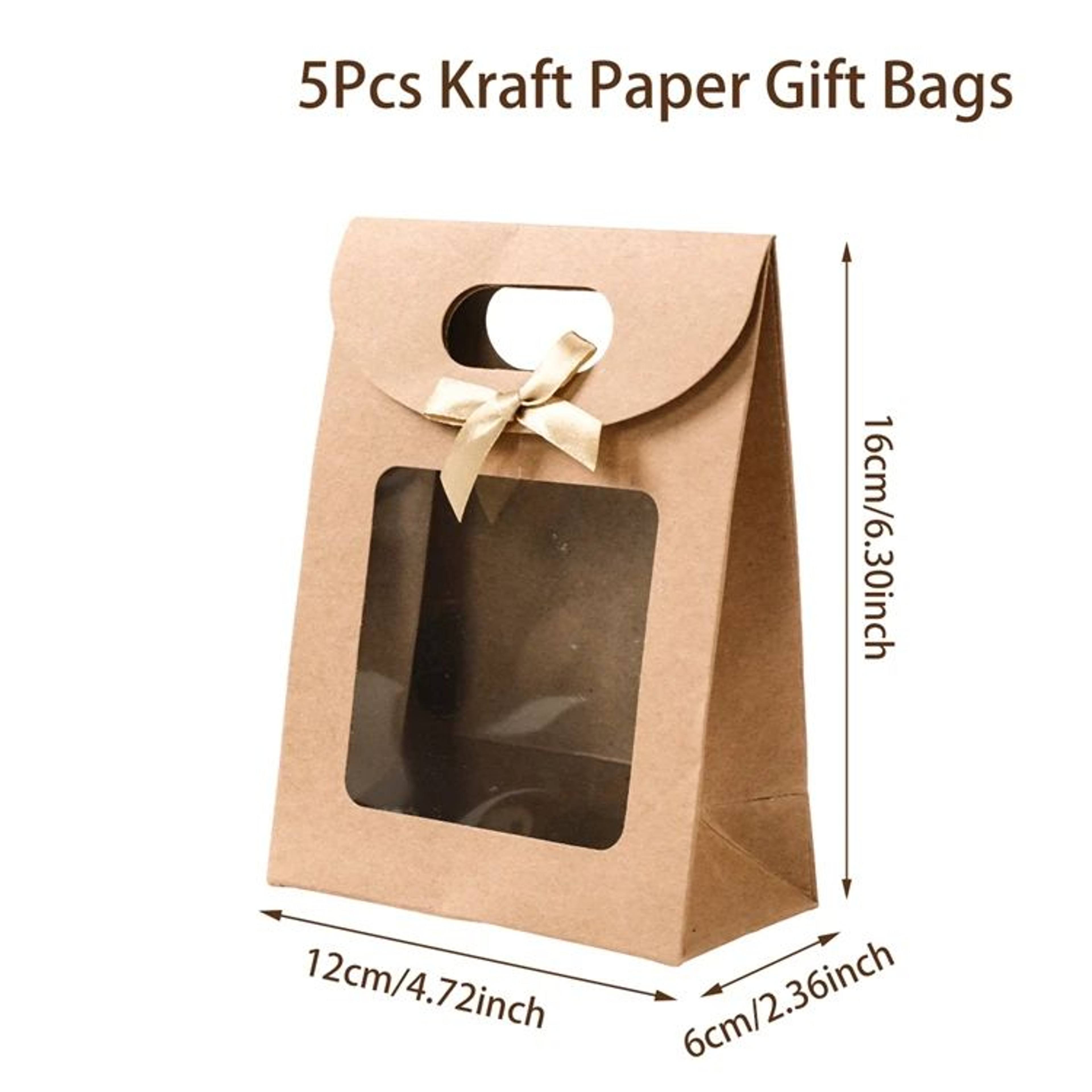 5pcs Elegant Kraft Paper Gift Bags With Clear PVC Window  Golden Bow  Portable Gift Bags For Christ 6