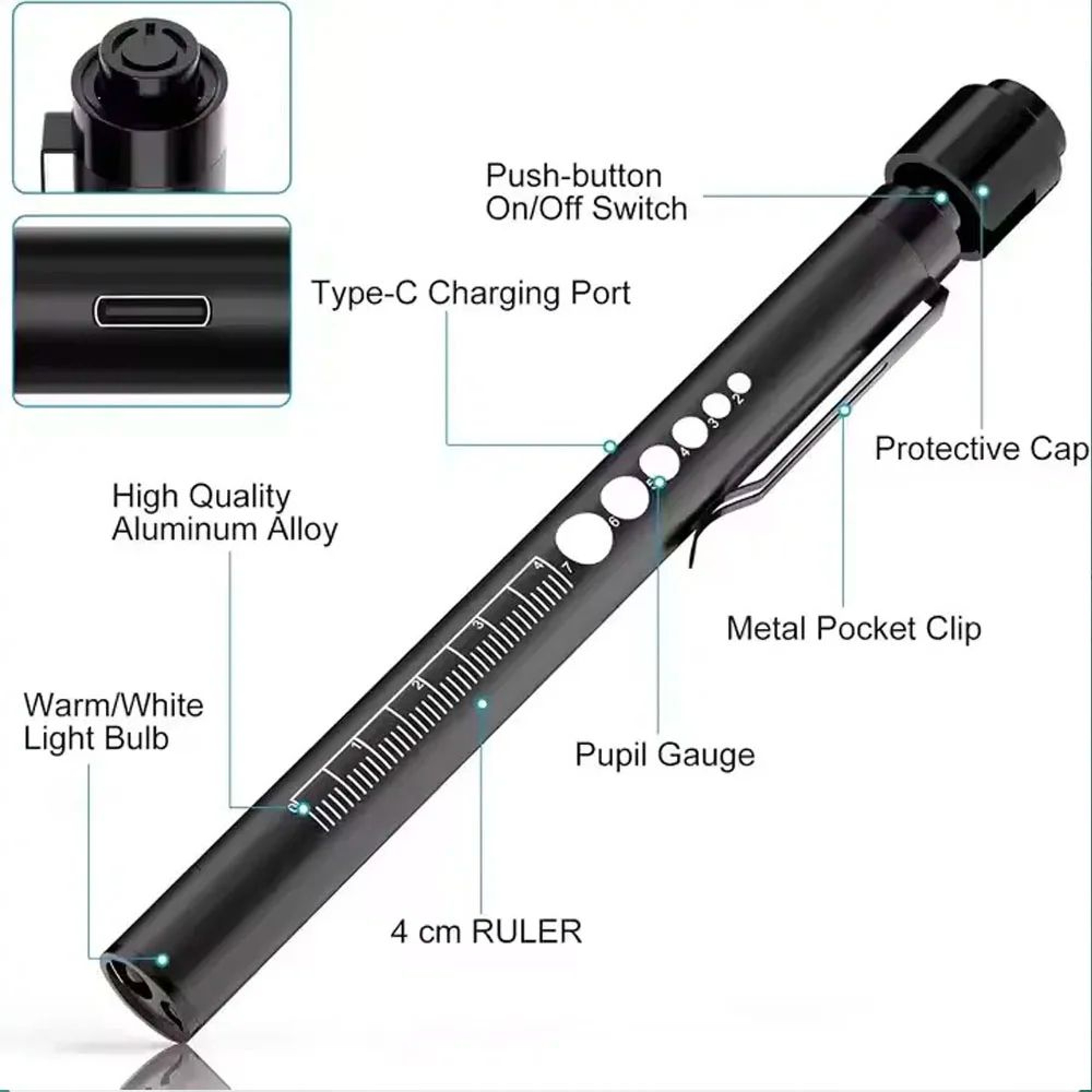 USB Rechargeable LED Pen Light  3W Stainless Steel Nursing Flashlight With Pocket Clip For Medical  3