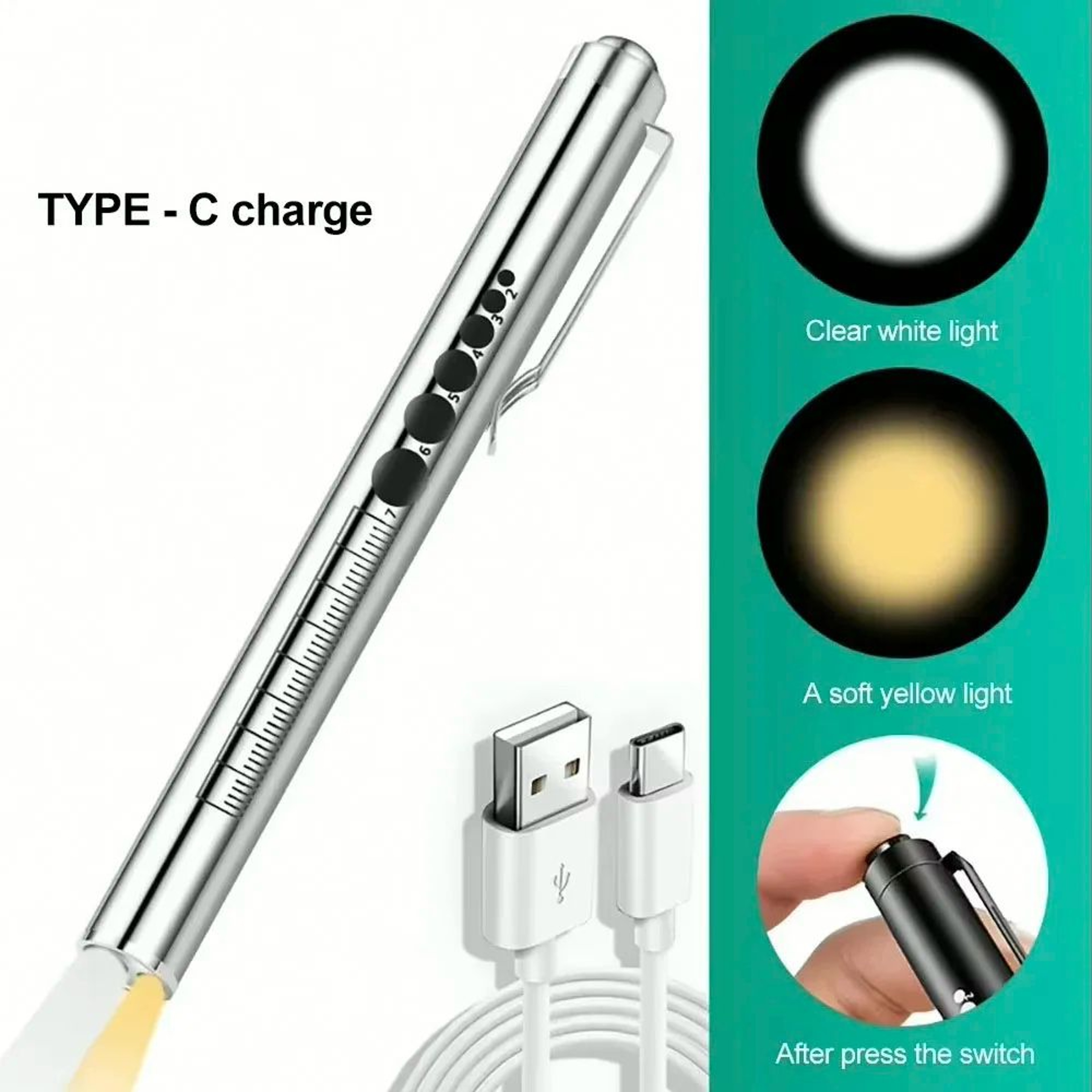 USB Rechargeable LED Pen Light  3W Stainless Steel Nursing Flashlight With Pocket Clip For Medical  5