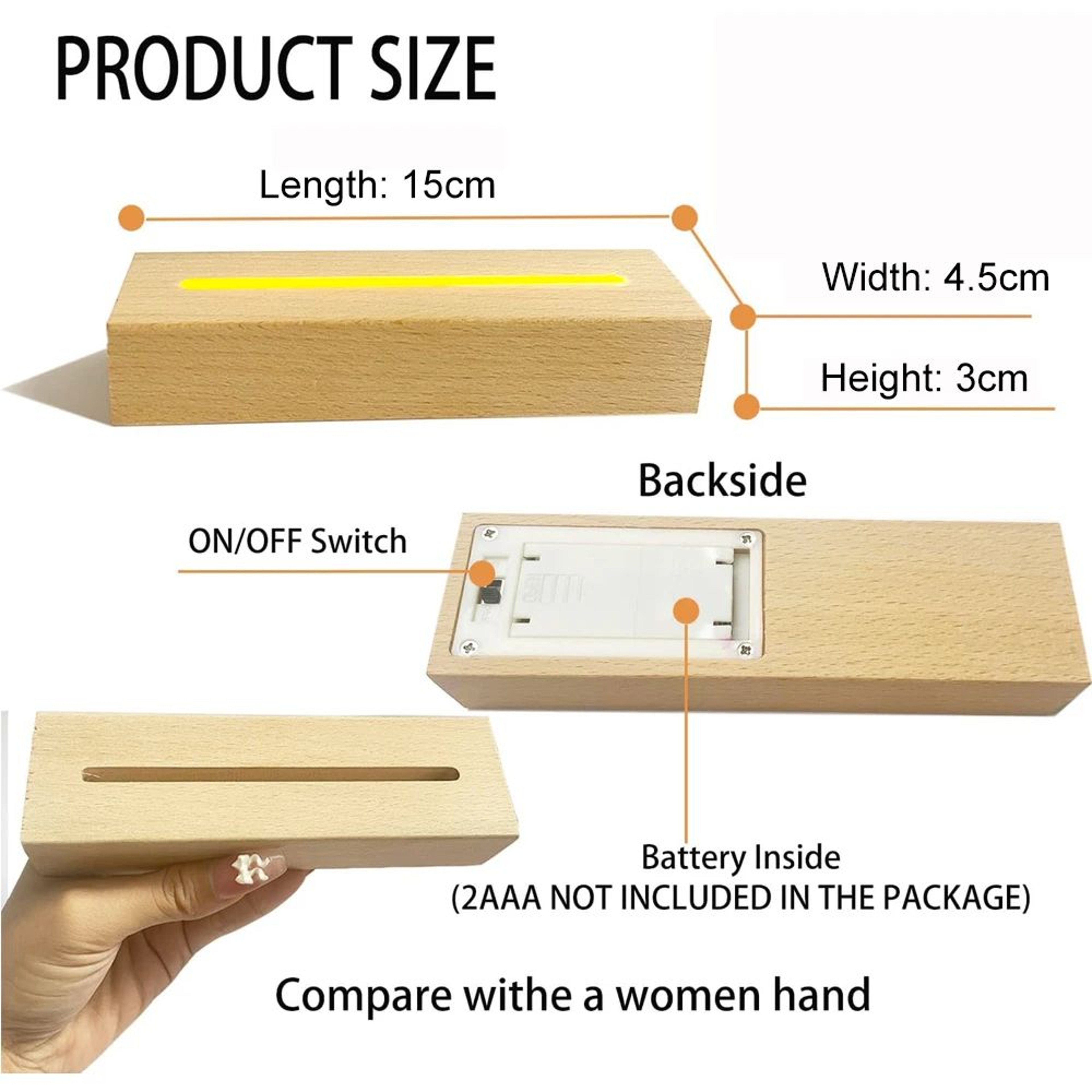 Beech Wood LED Light Display Base  AAA Battery Powered Stand For Acrylic Crystal Resin  Glass Art D 2