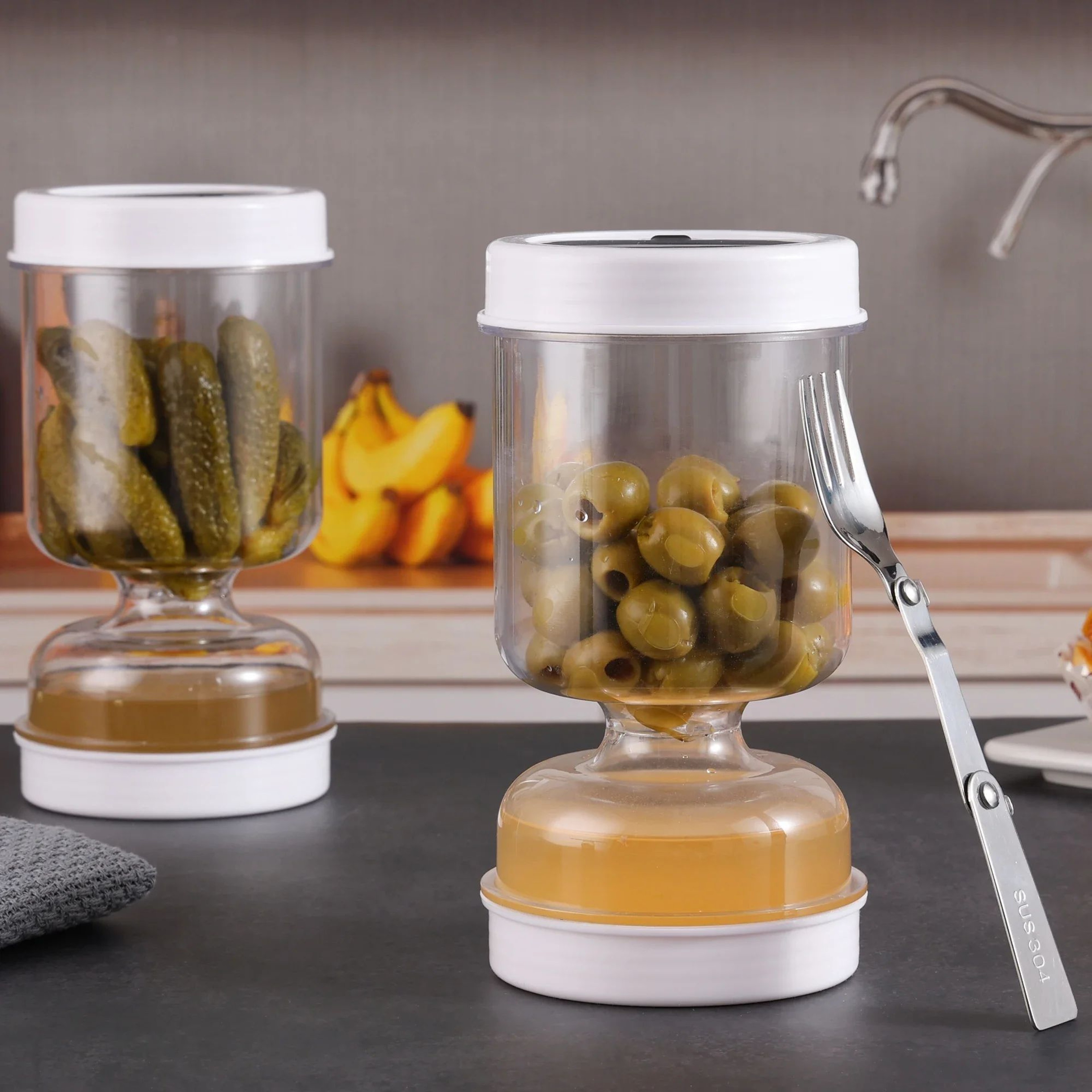 2 Pcs Olive  Pickle Strainer Jar  Hourglass Airtight Flip Food Storage Container With BuiltIn Strai 7