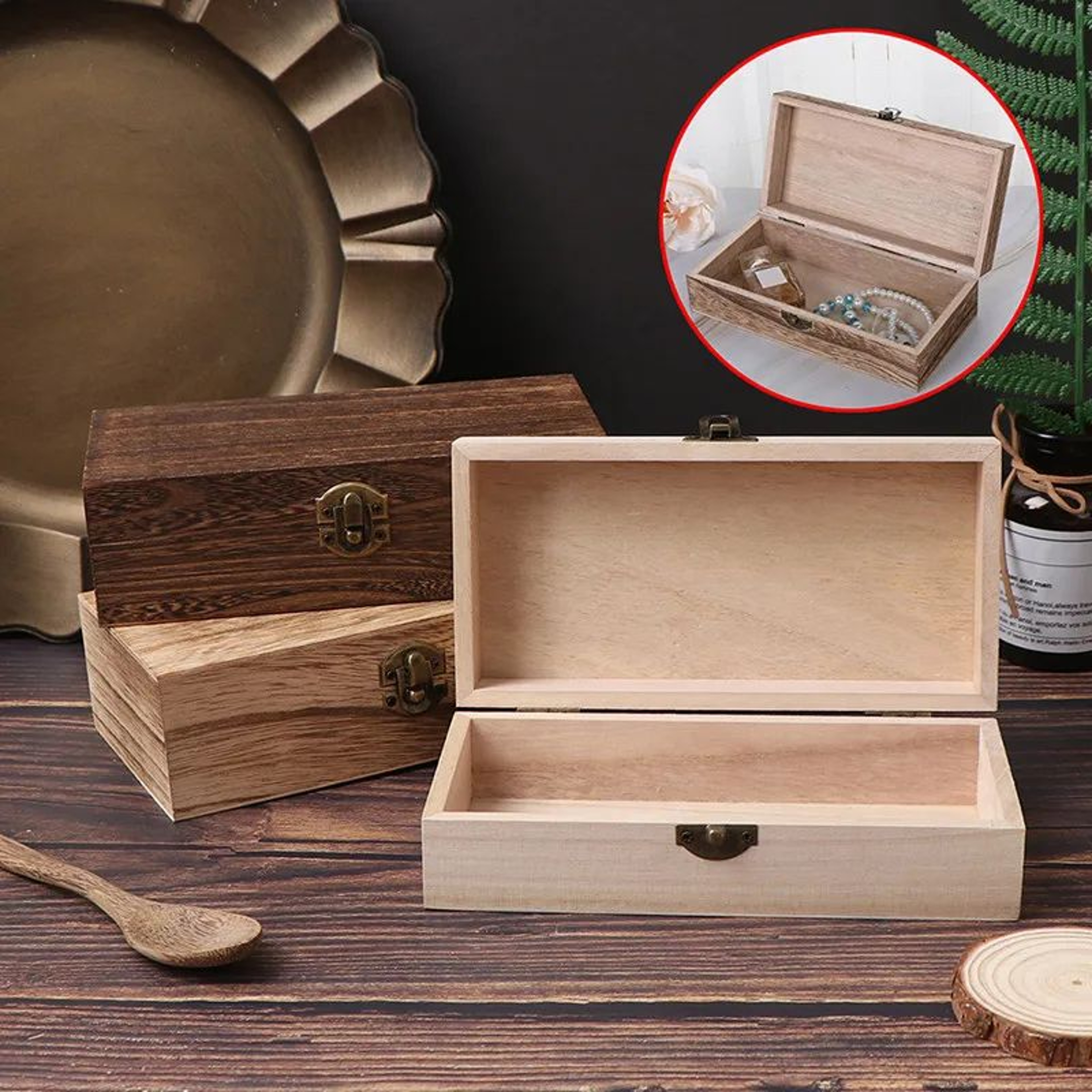 Wooden Storage Box With Vintage Metal Latch  Retro Jewelry Box Desktop Organizer Keepsake Gift Box  1