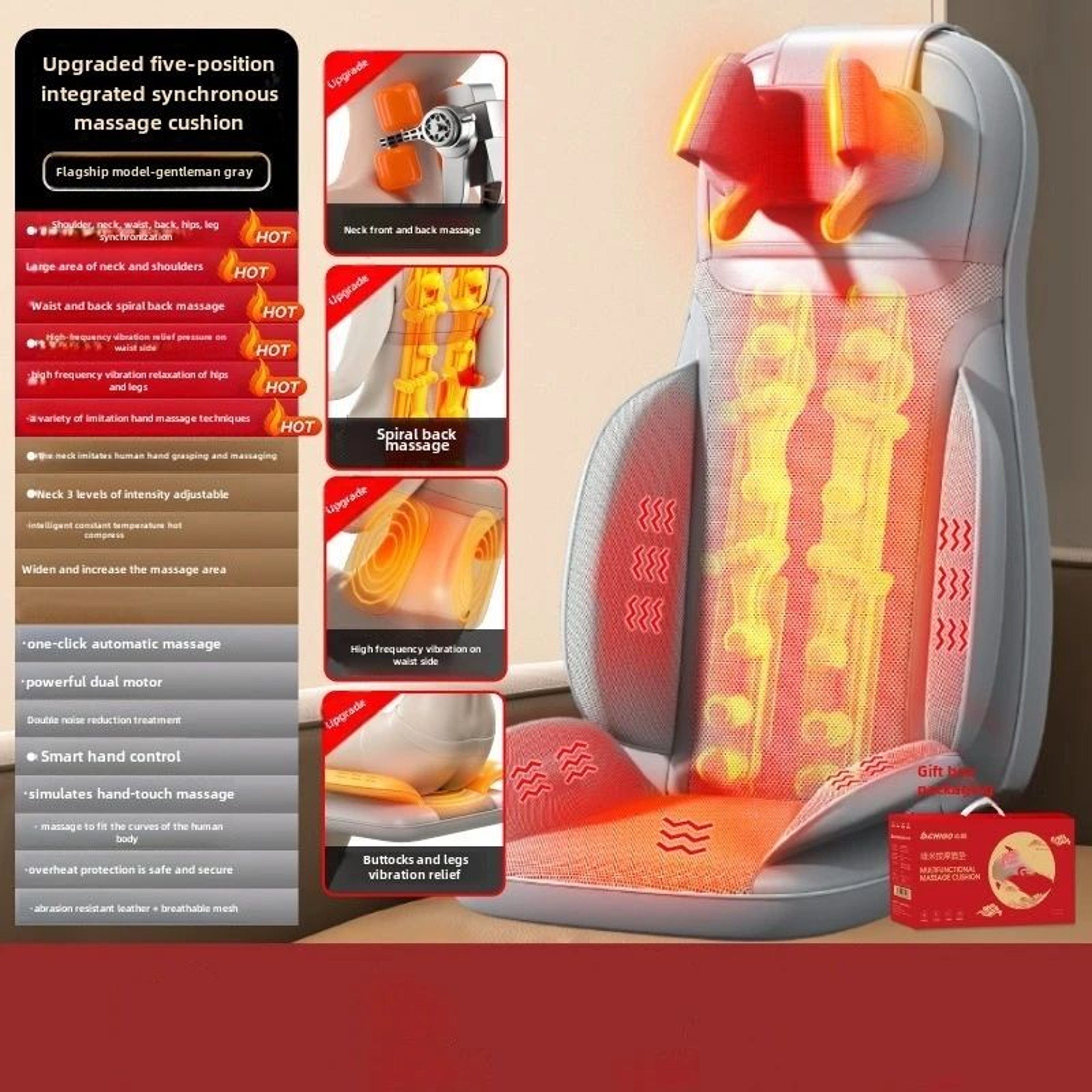 5Vibration Heated Shiatsu Massage Seat Cushion  Electric Neck Back Waist Hip Massager For Home Offi 8