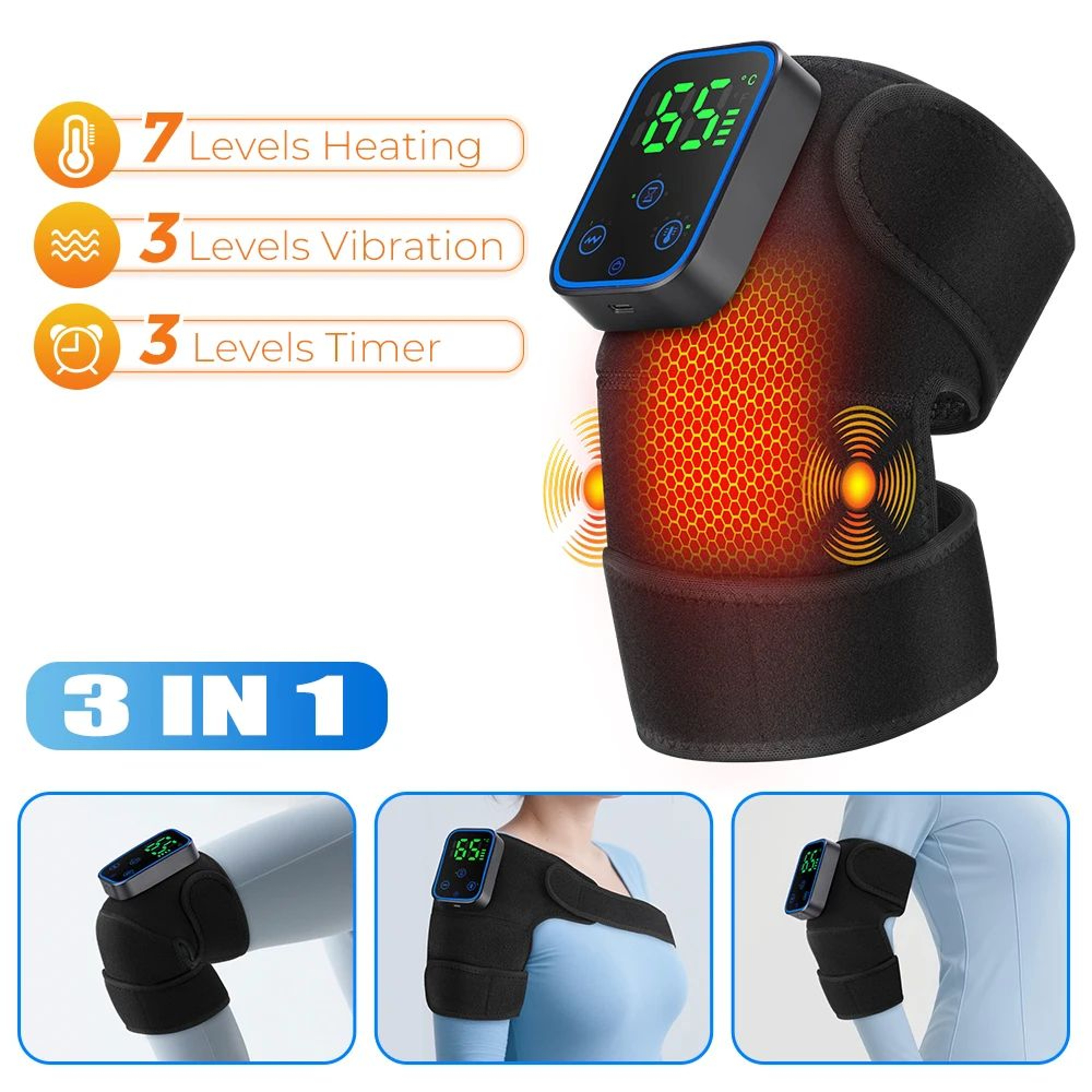 Cordless Heated Vibration Knee Massager With Rechargeable Battery  3in1 Knee Shoulder Elbow Support 11