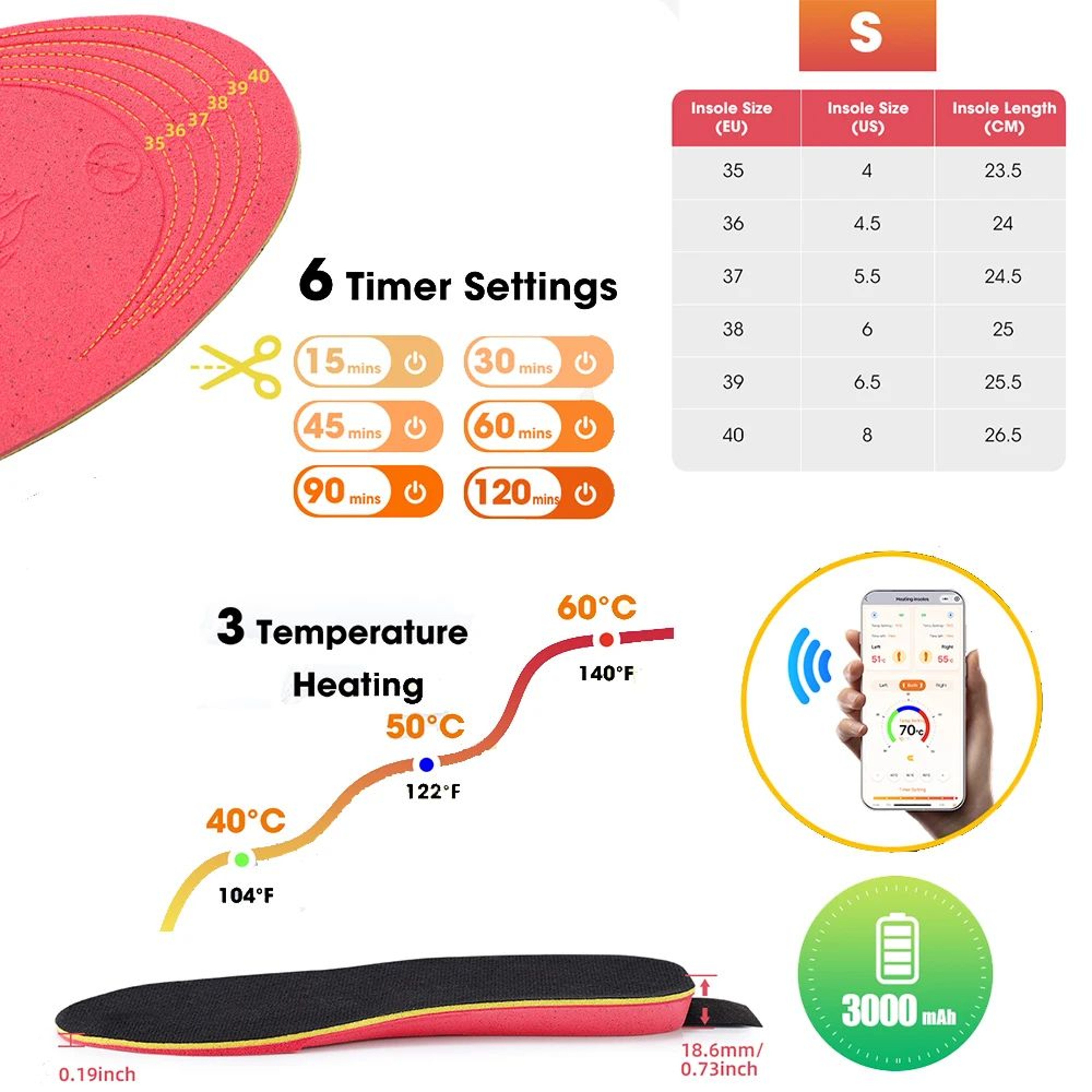 APP Control Smart Heated Insoles With Rechargeable Battery  Electric Foot Warmers For Winter Hiking 8