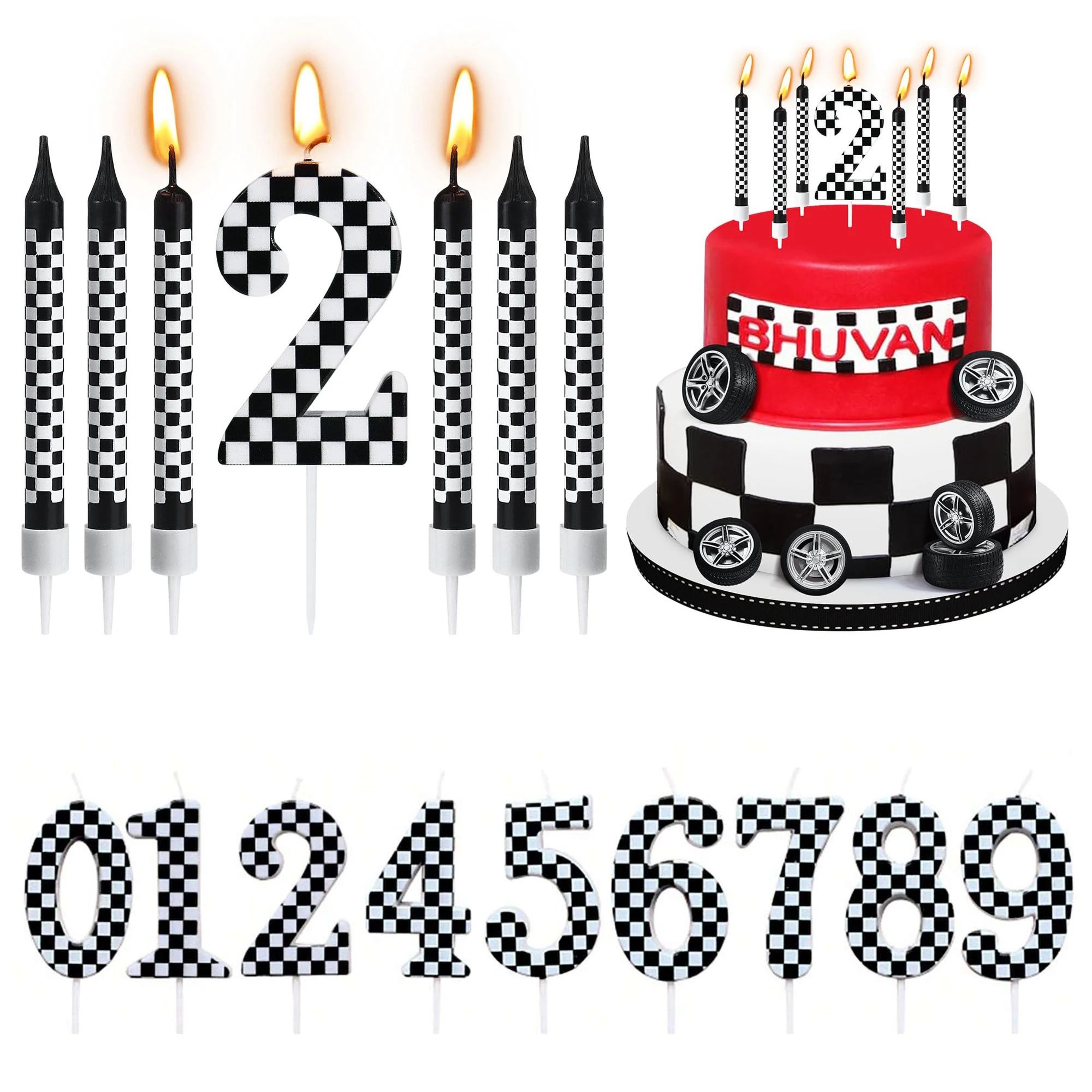 7pcs Racing Cars Birthday Candle Set  Checkered Number Cake Candles For Kids Race Car Party Decorat 0
