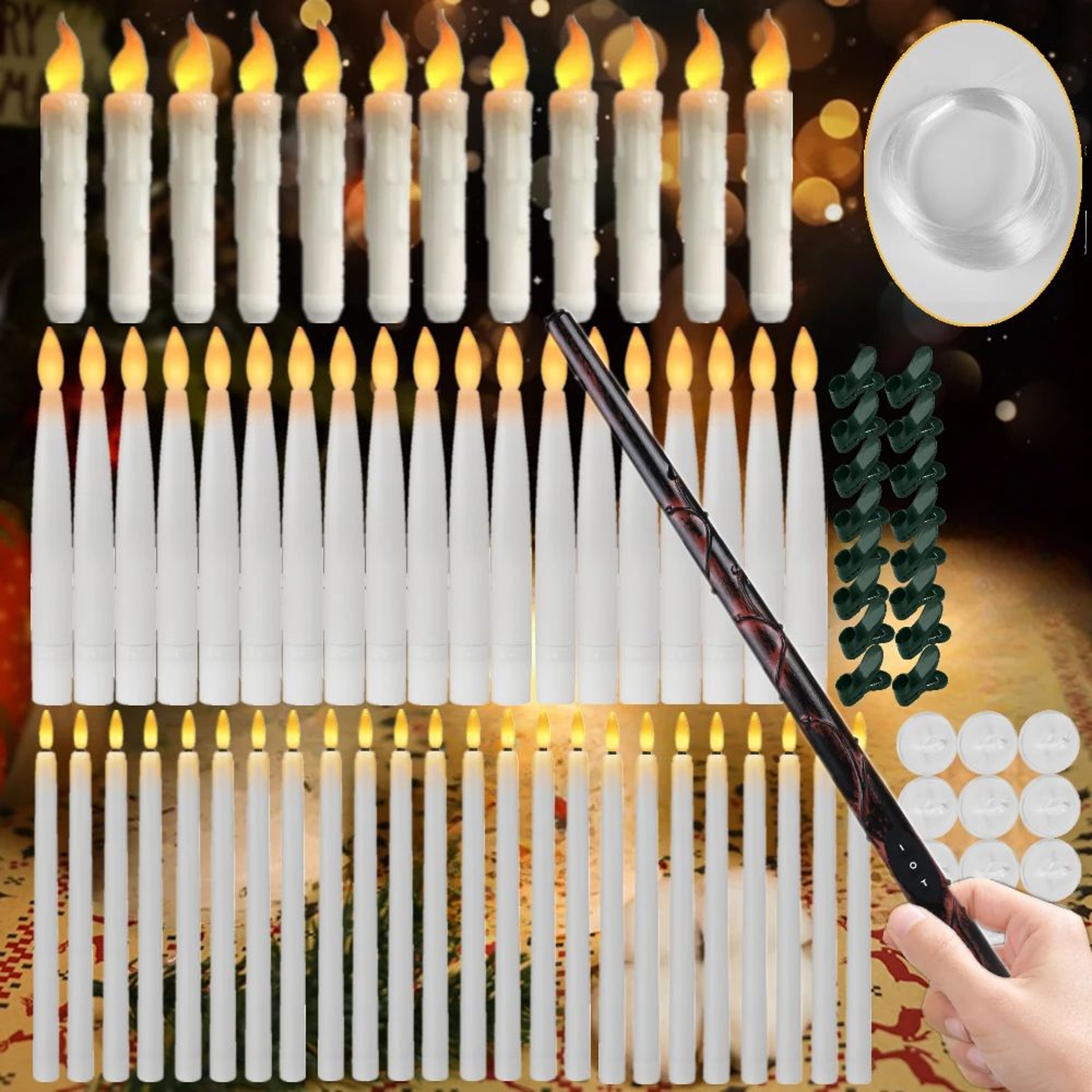 Floating Flameless LED Candles With Magic Wand Remote Flickering Hanging Taper Candles For Hallowee 0