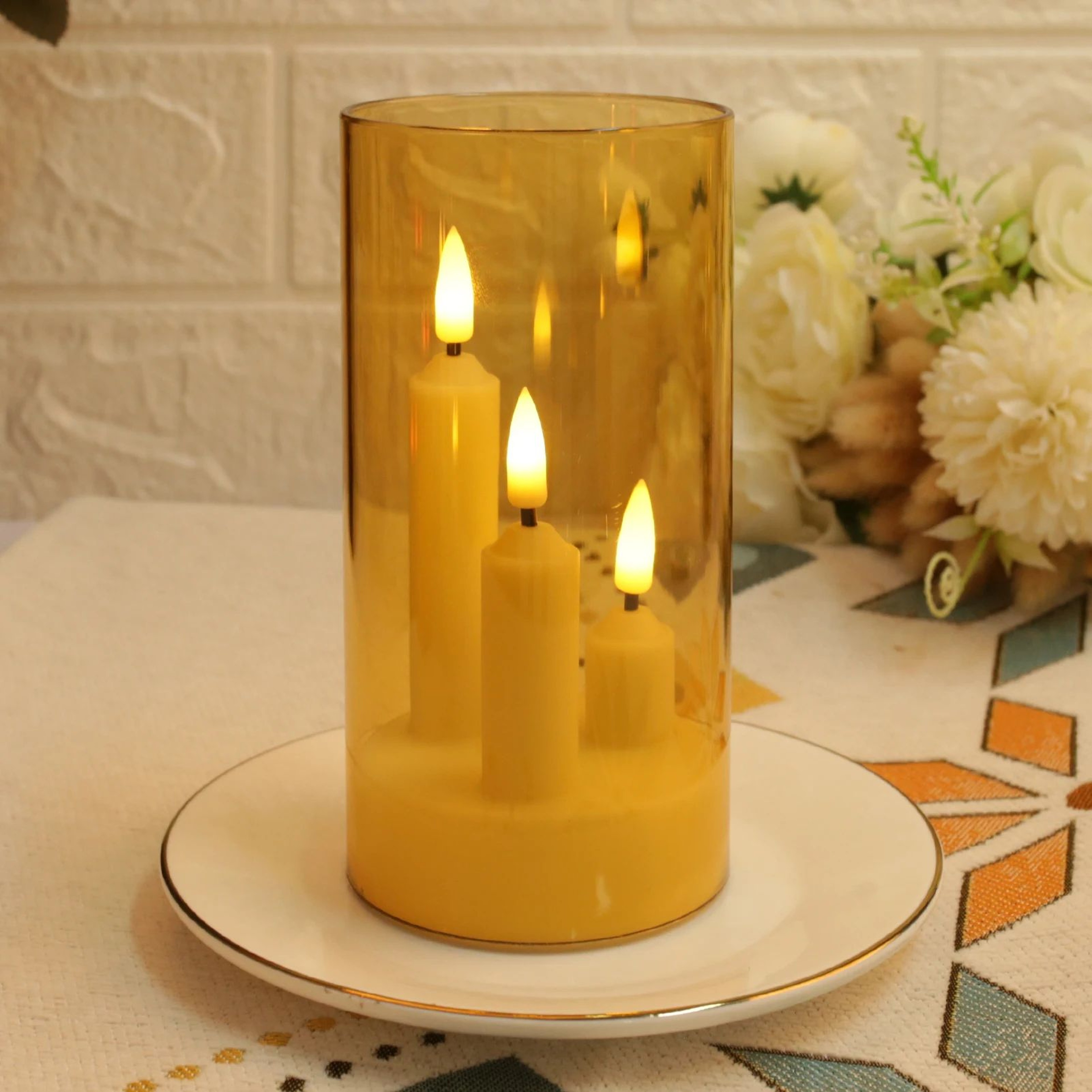 3in1 LED Flameless Taper Candle With Acrylic Lampshade  Battery Operated Flickering Pillar Candle F 6