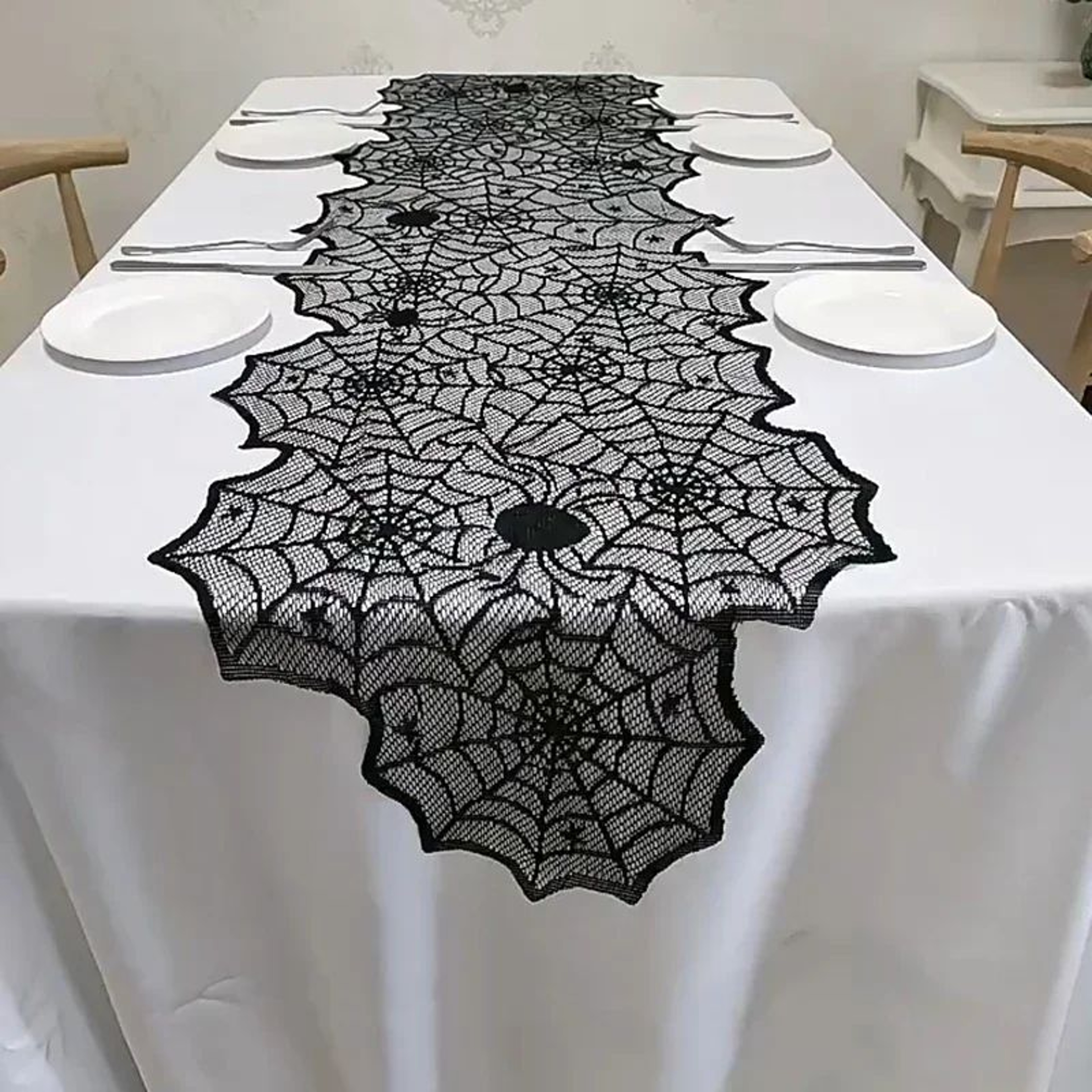 Halloween Lace Spider Web Tablecloth  Black Skull Skeleton Mantel Scarf Party Decoration 0