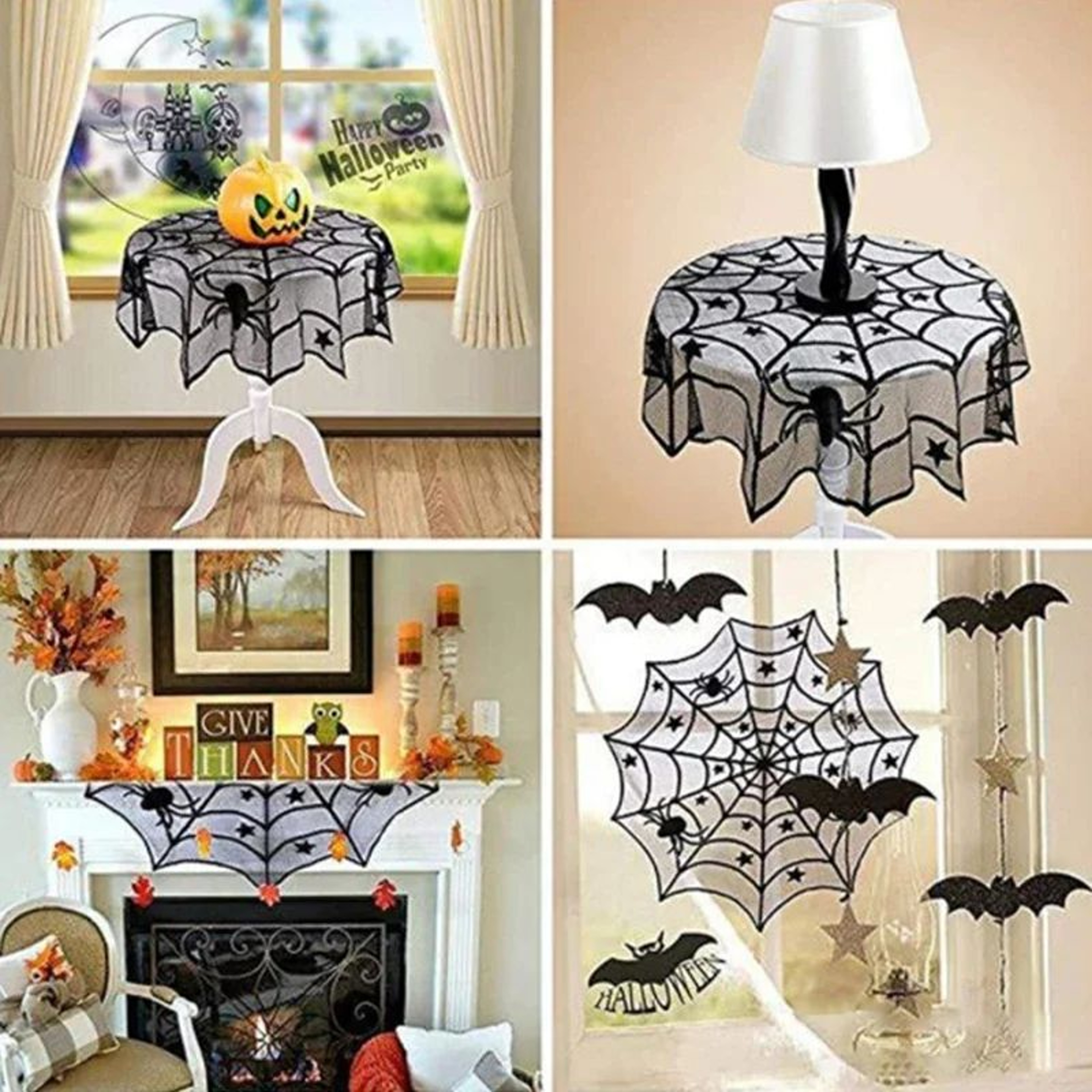 Halloween Lace Spider Web Tablecloth  Black Skull Skeleton Mantel Scarf Party Decoration 4