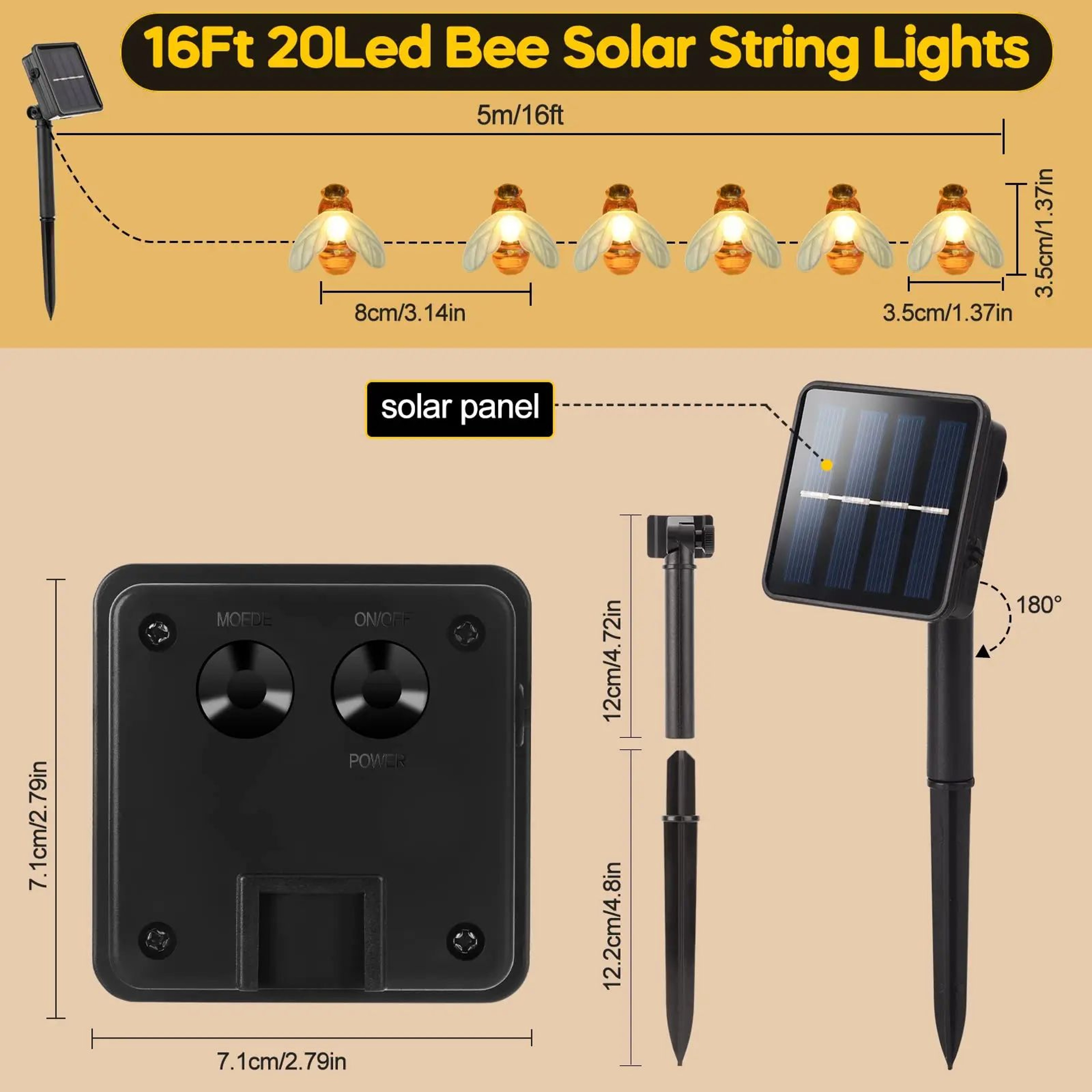 AlliLit Solar Bee String Lights  Waterproof LED Fairy Lights With 8 Modes For Garden Patio  Holiday