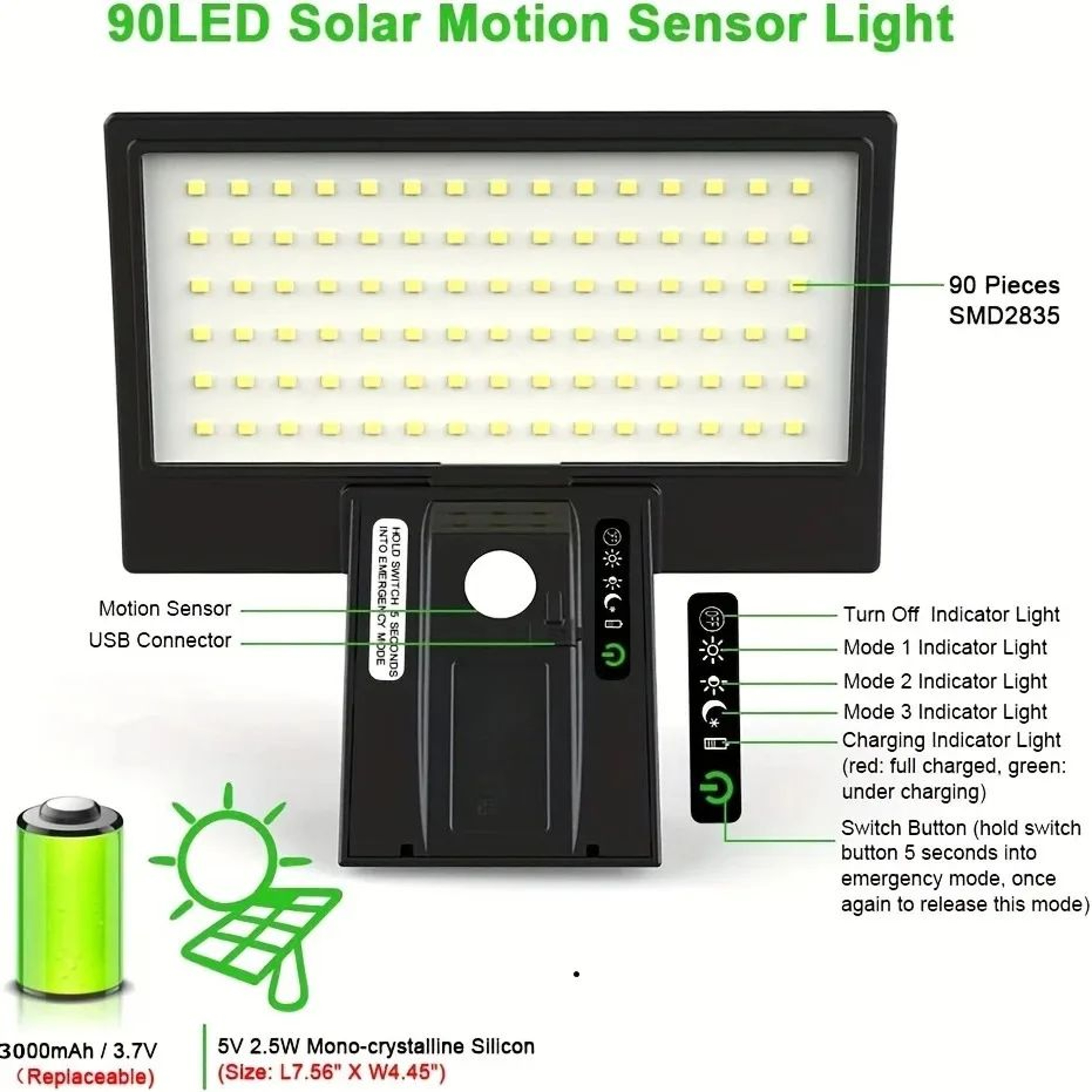 90 LED Solar Security Light  Waterproof Motion Sensor Flood Light With 4 Lighting Modes For Outdoor 5