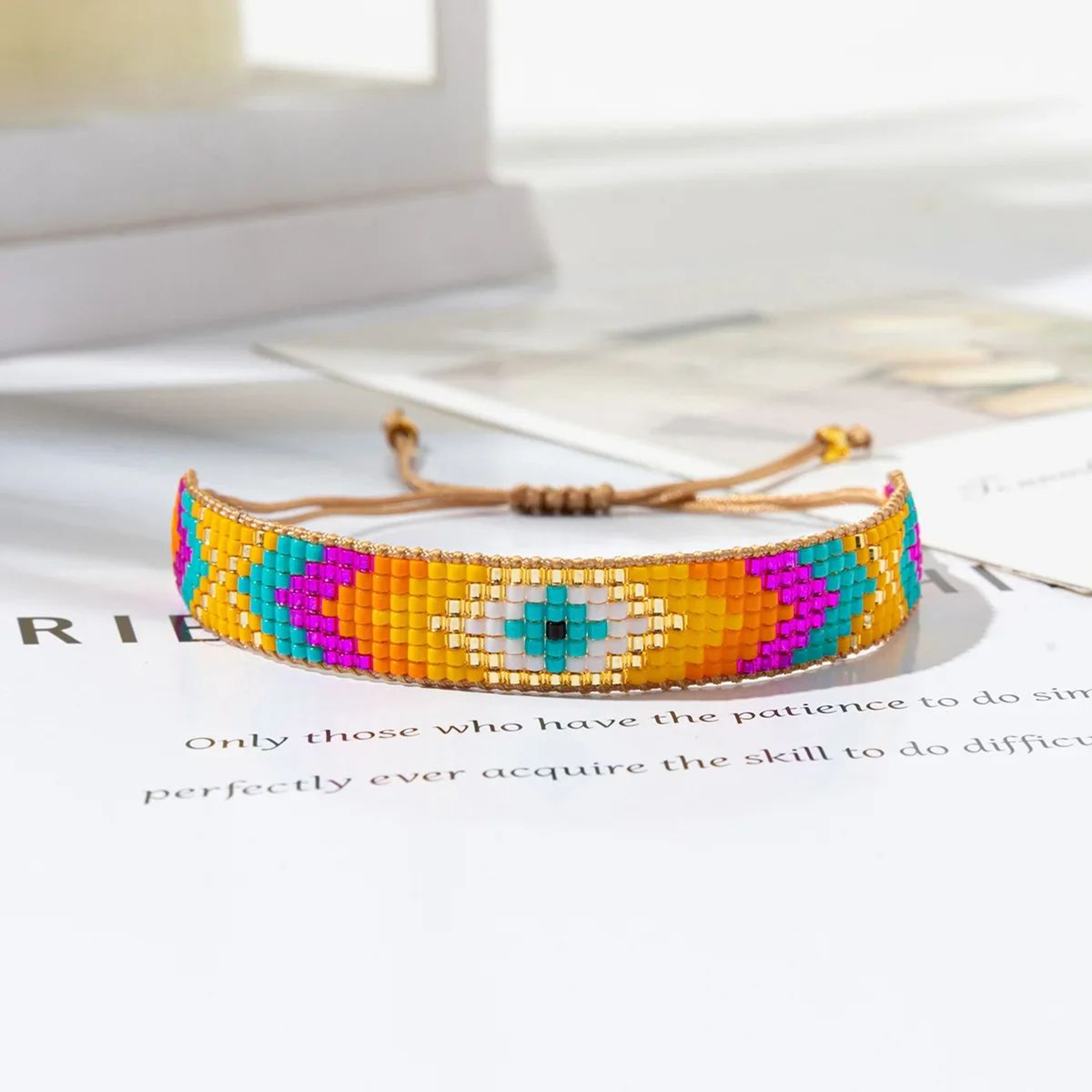 Bohemian Multicolor Glass Beaded Bracelet  Adjustable Handwoven Rice Bead Bracelet With Geometric A 9