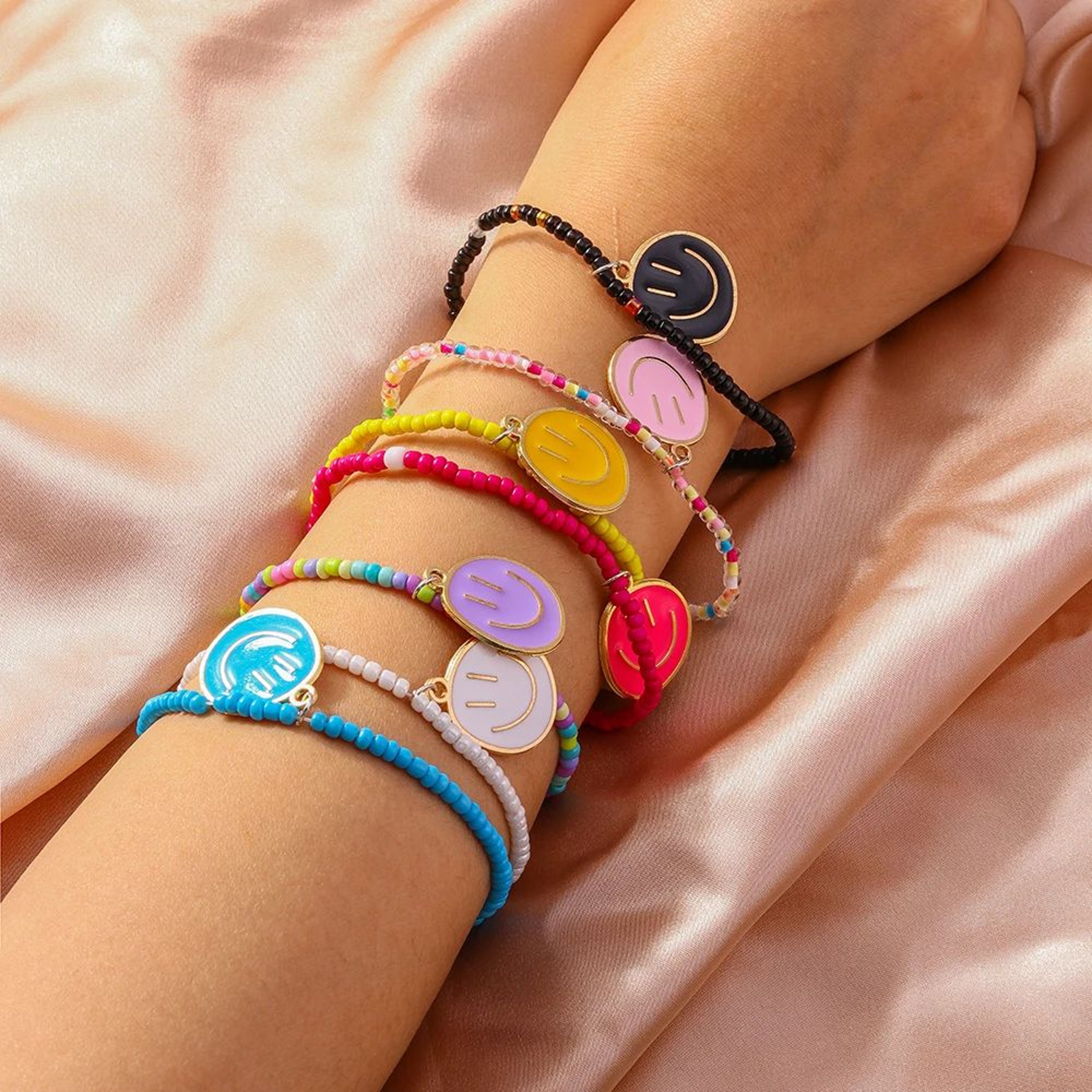Tenande 7Piece Boho Beaded Smile Face Bracelet Set  Handmade Friendship Stretch Bangles For Women   1