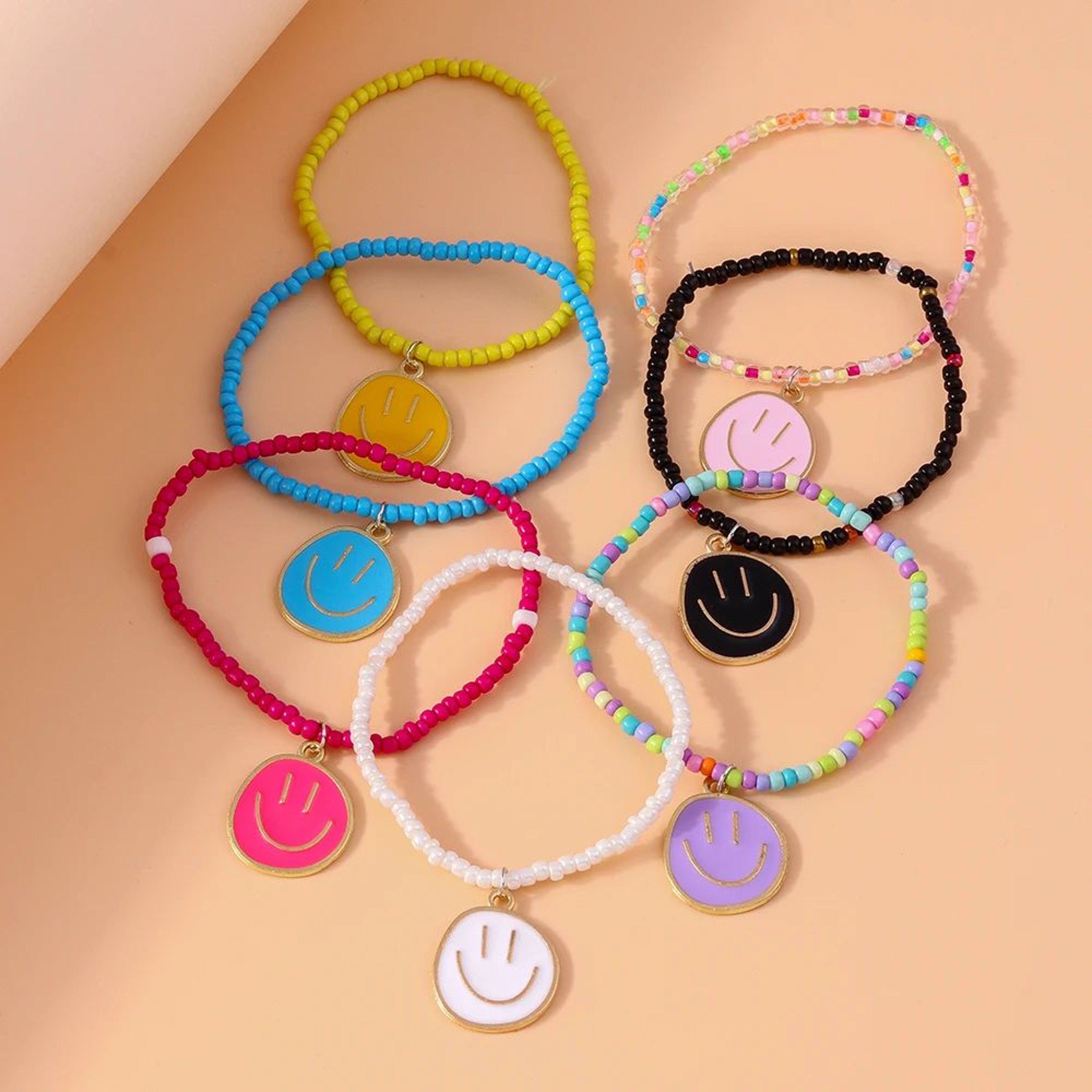Tenande 7Piece Boho Beaded Smile Face Bracelet Set  Handmade Friendship Stretch Bangles For Women   4