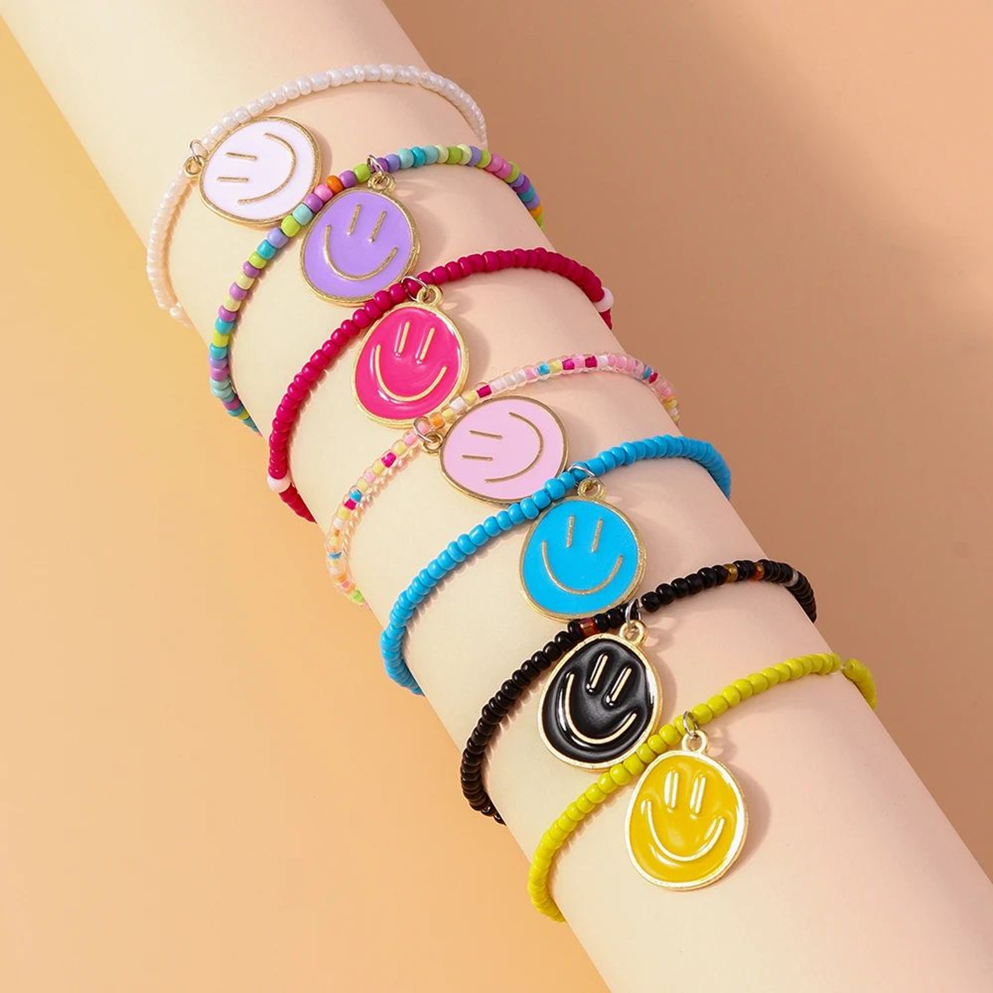 Tenande 7Piece Boho Beaded Smile Face Bracelet Set  Handmade Friendship Stretch Bangles For Women   5