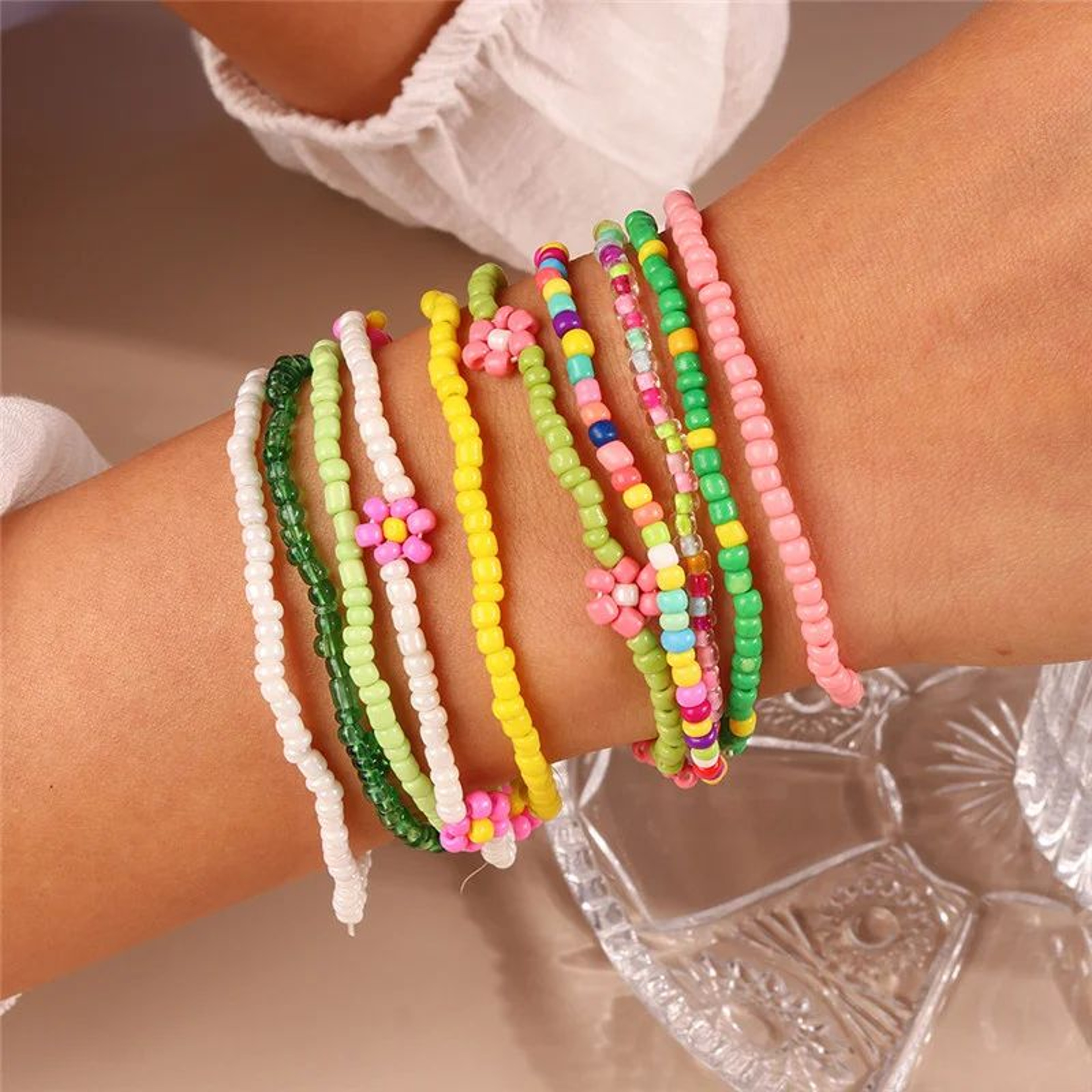 Tenande 7Piece Boho Beaded Smile Face Bracelet Set  Handmade Friendship Stretch Bangles For Women   8