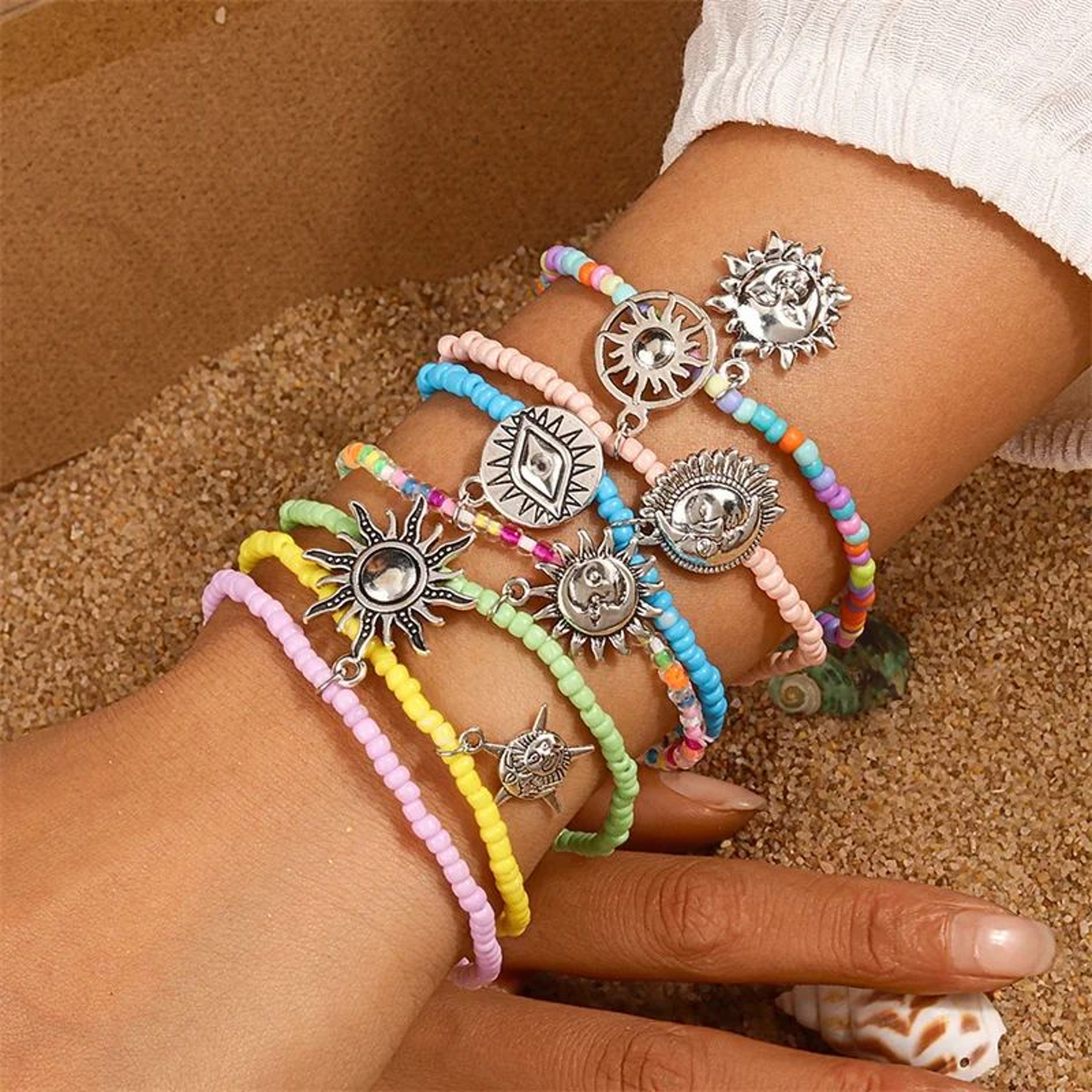 Tenande 7Piece Boho Beaded Smile Face Bracelet Set  Handmade Friendship Stretch Bangles For Women   22