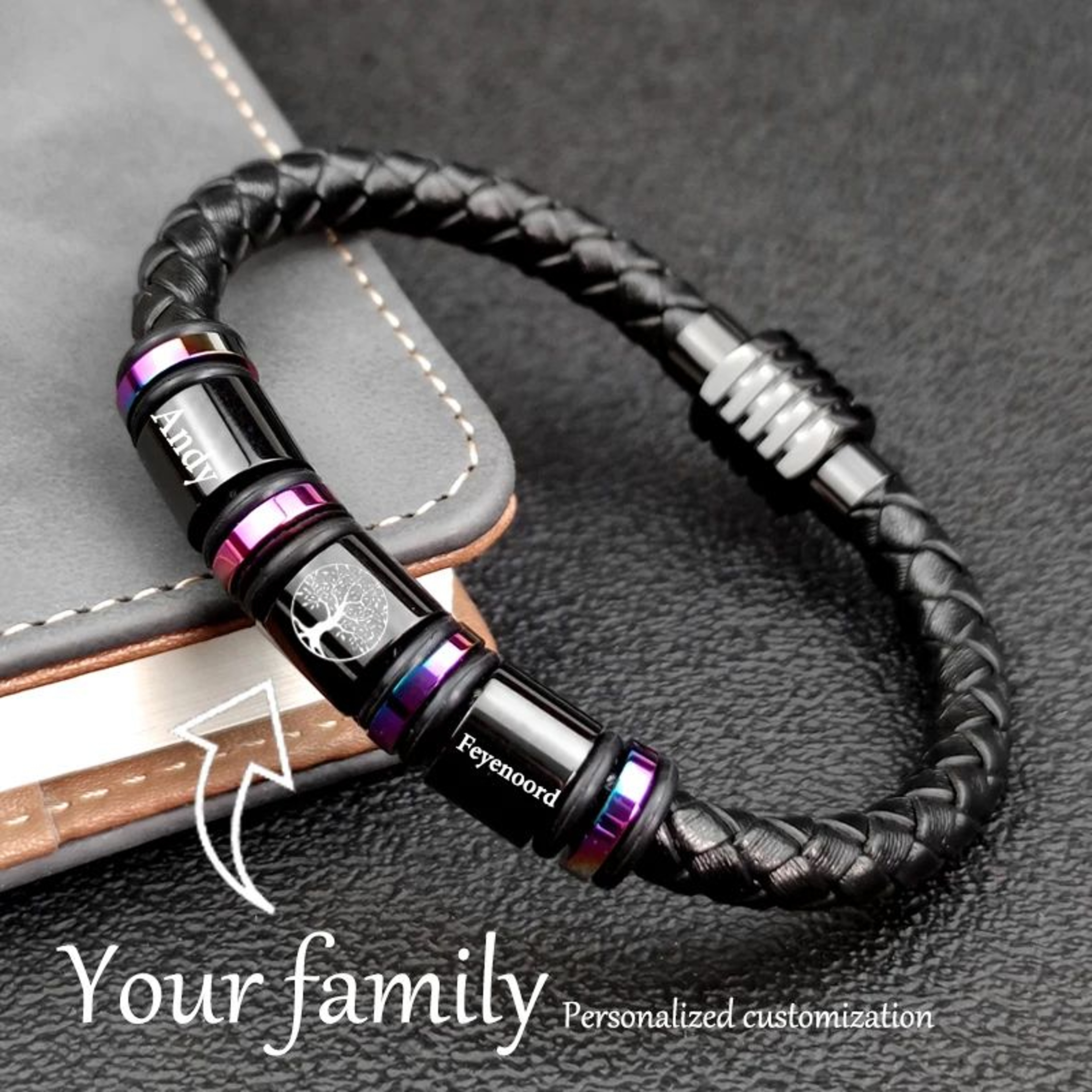 Personalized Name Stainless Steel Charm Bracelet  Custom Beaded Leather Bracelet For Women  Men 0
