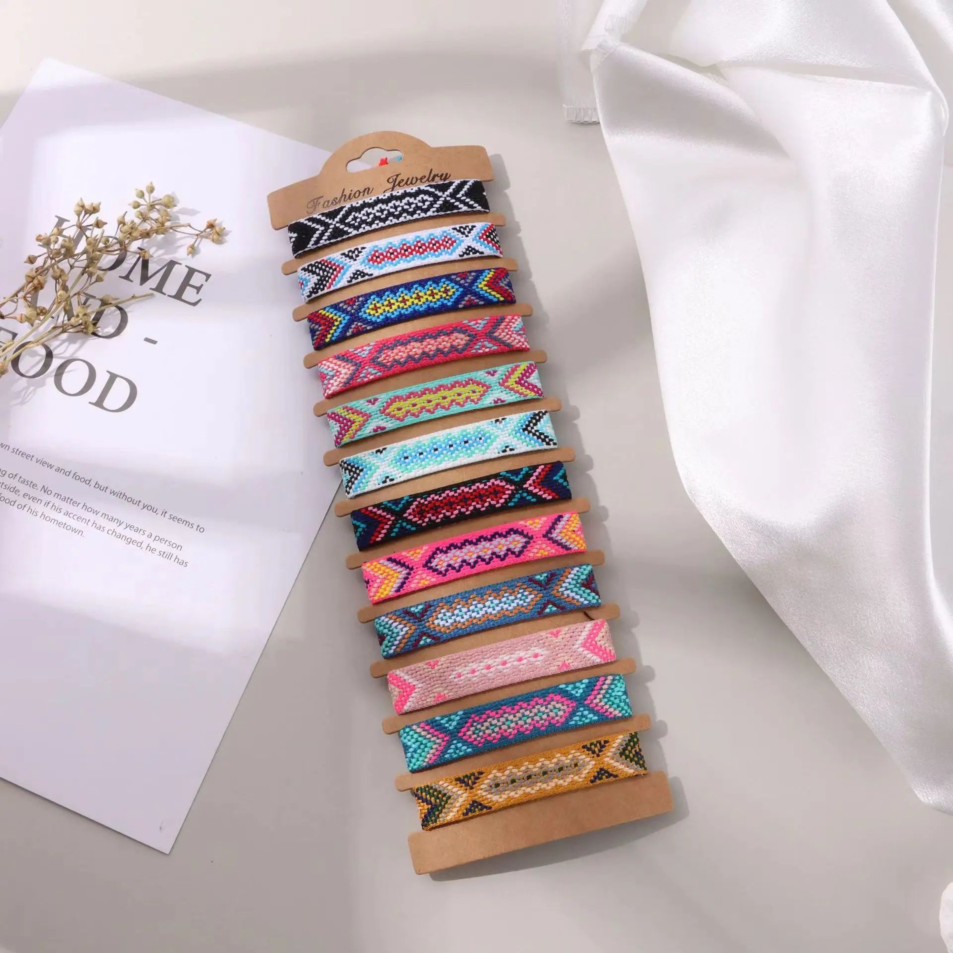 12pcs Retro Bohemian Striped Woven Bracelet Set  Adjustable Cotton Friendship Bracelets For Women   3