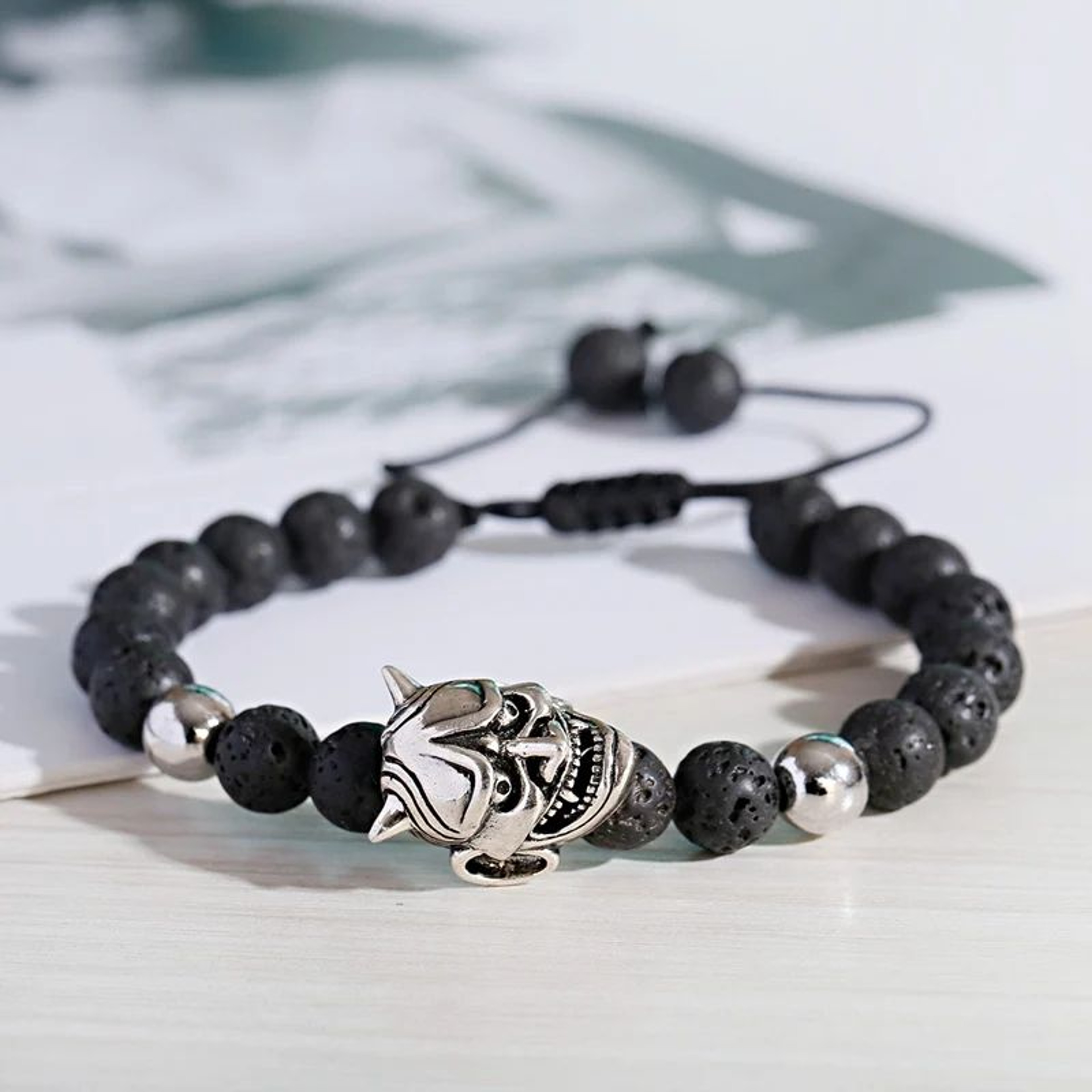 Classic Lava Stone Beaded Bracelet  Demon Skull Braided Rope Bracelet For Men 1