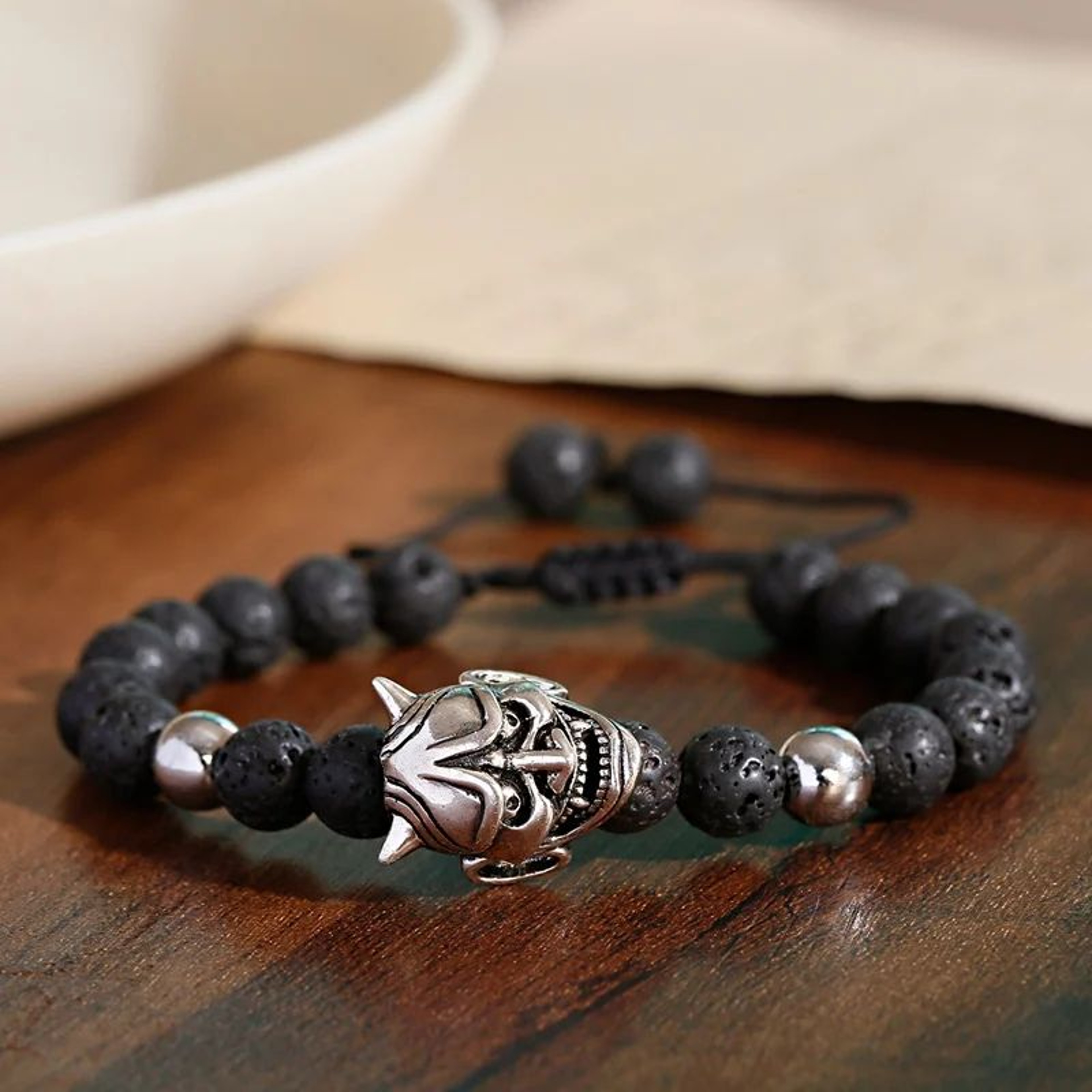 Classic Lava Stone Beaded Bracelet  Demon Skull Braided Rope Bracelet For Men 3
