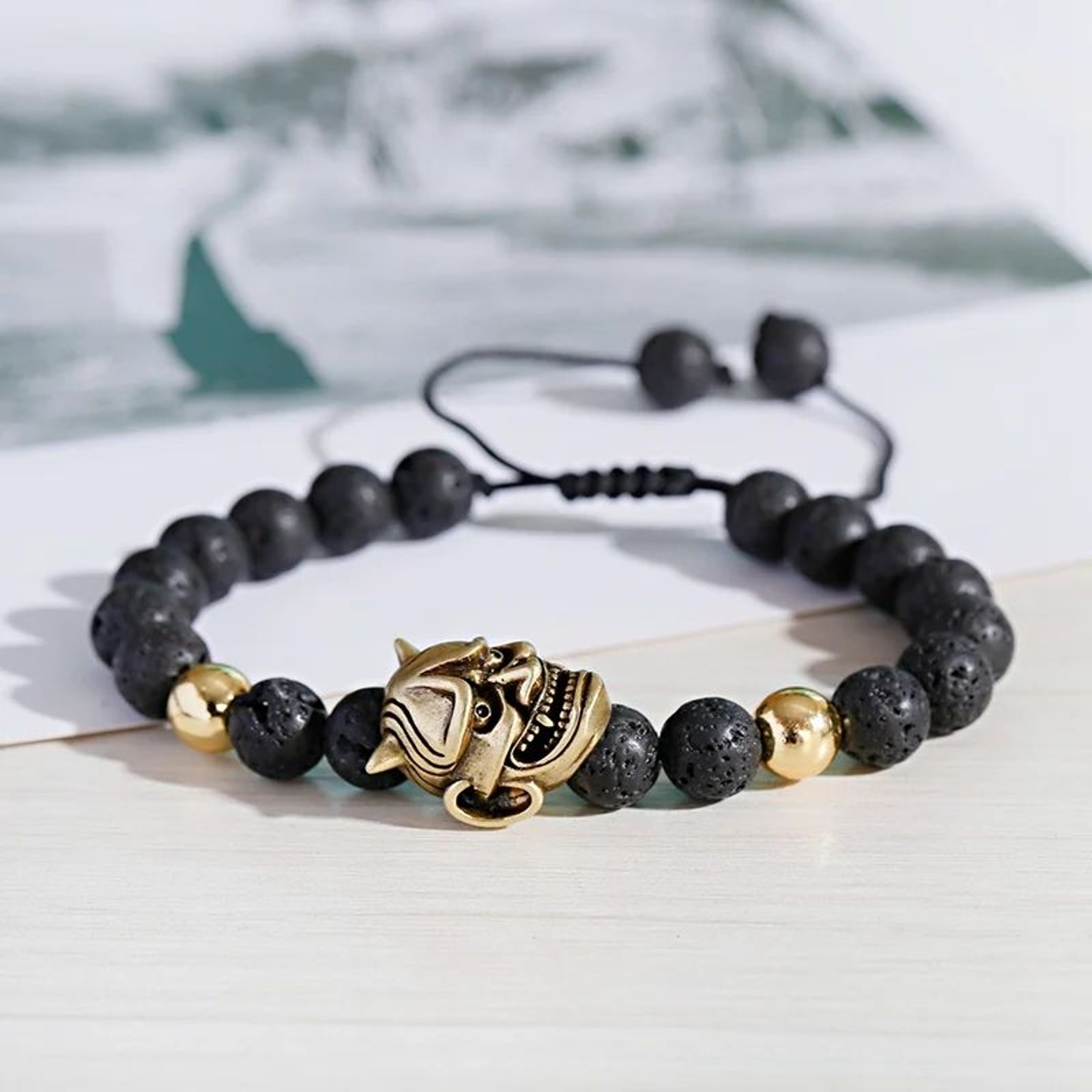 Classic Lava Stone Beaded Bracelet  Demon Skull Braided Rope Bracelet For Men 6