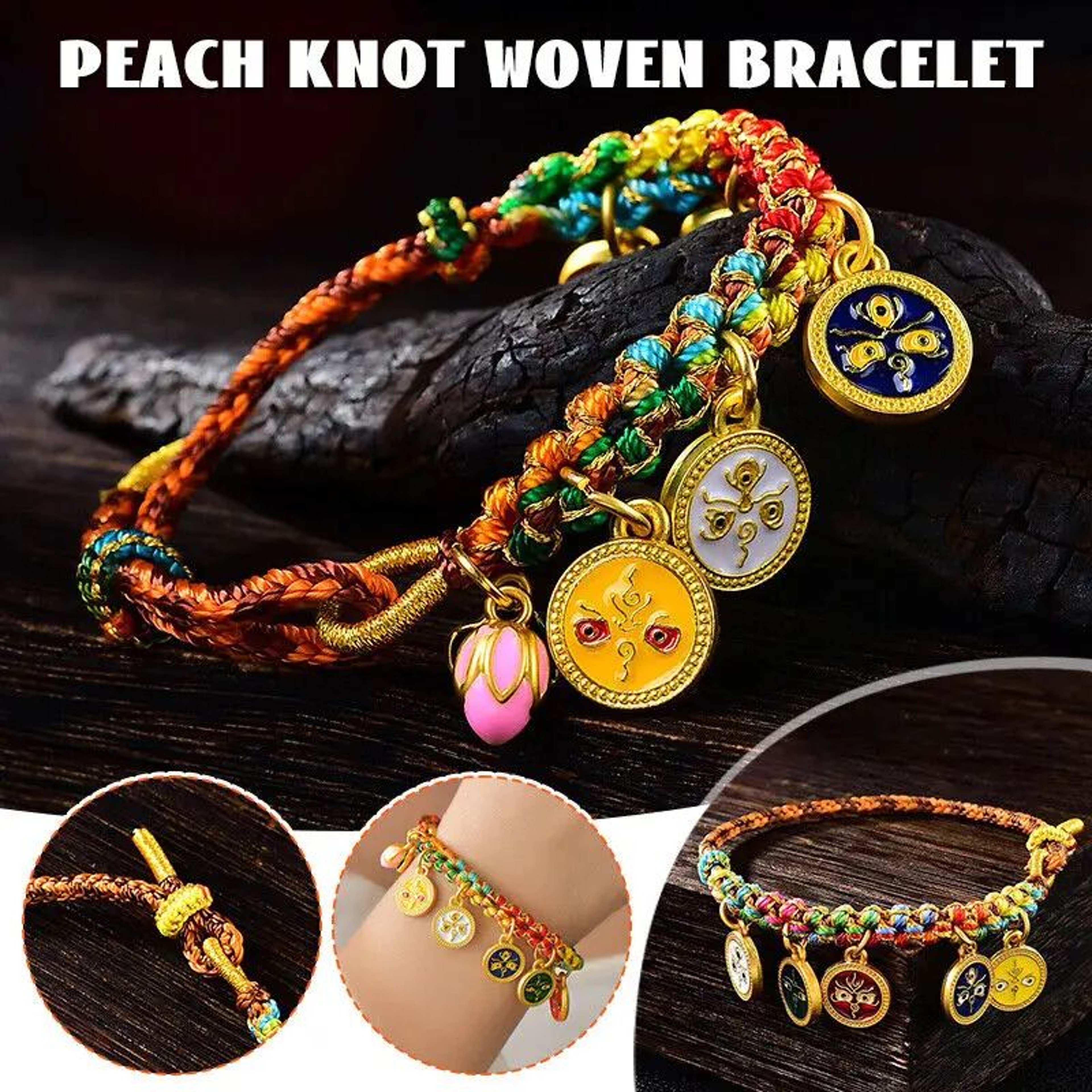 Handmade Tibetan Peach Knot Bracelet  Adjustable Woven God Of Wealth Cotton Thread Lucky Bracelet 3