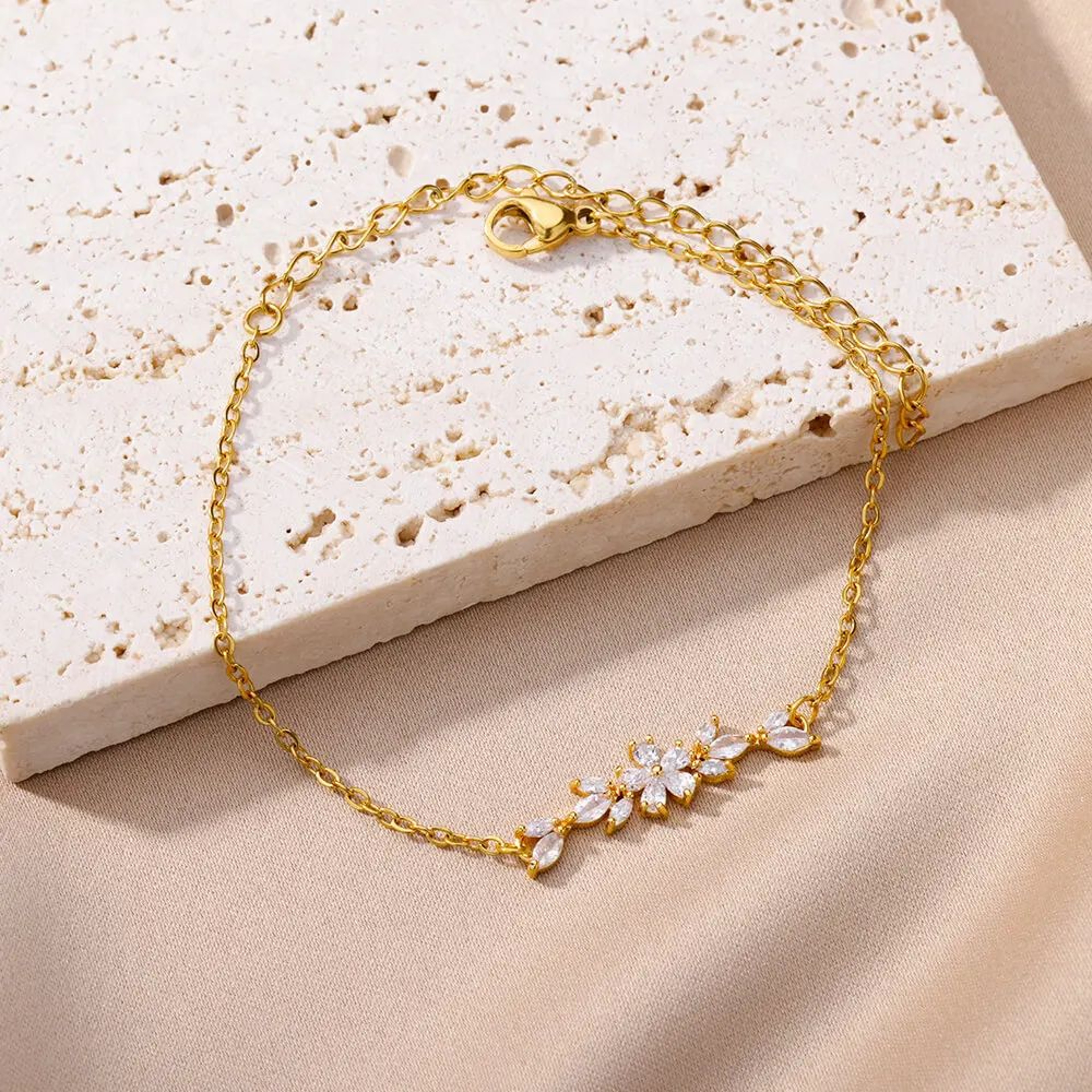 Elegant Zircon Flower Bracelet  Gold Color Stainless Steel Floral Charm Bracelet For Women 1