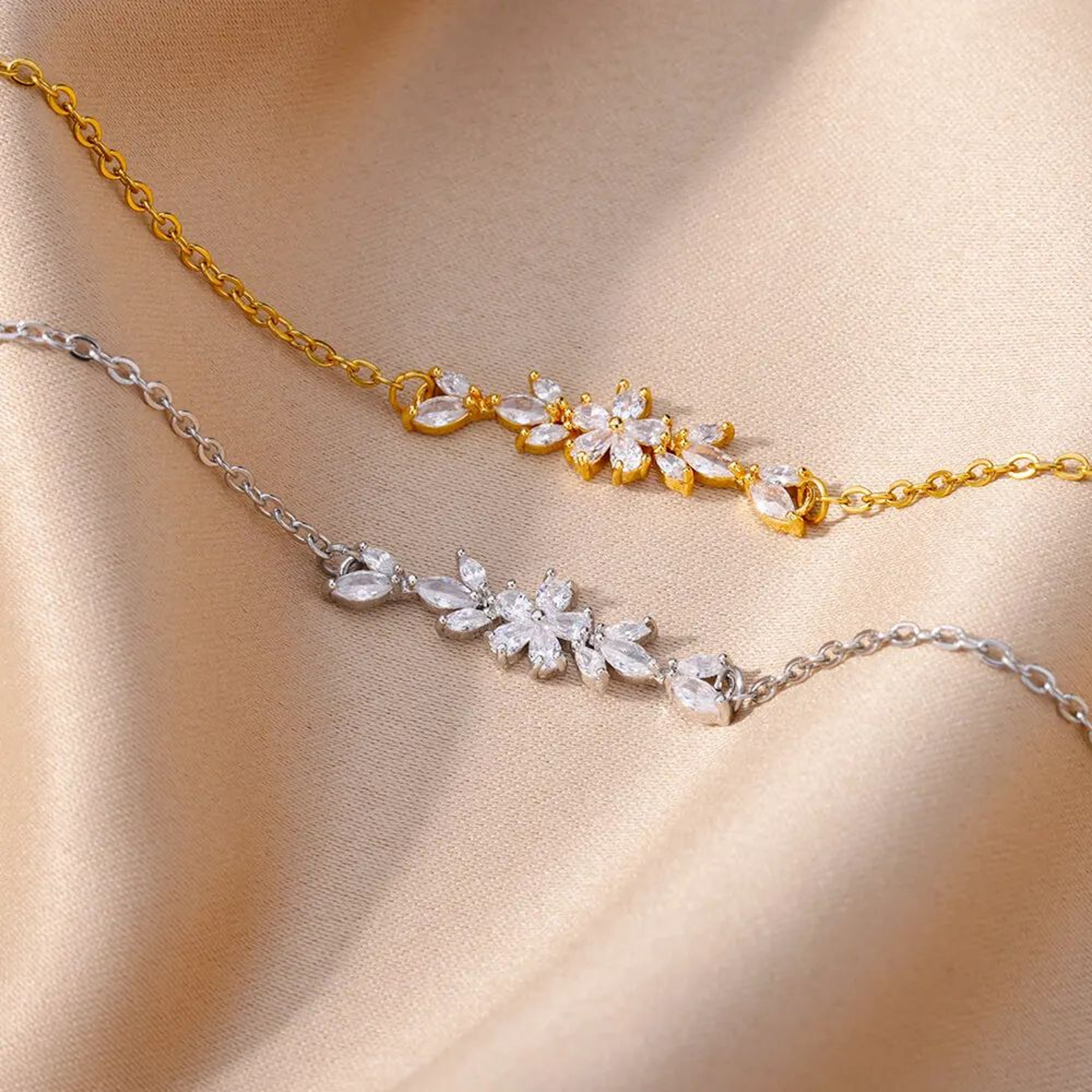 Elegant Zircon Flower Bracelet  Gold Color Stainless Steel Floral Charm Bracelet For Women 4
