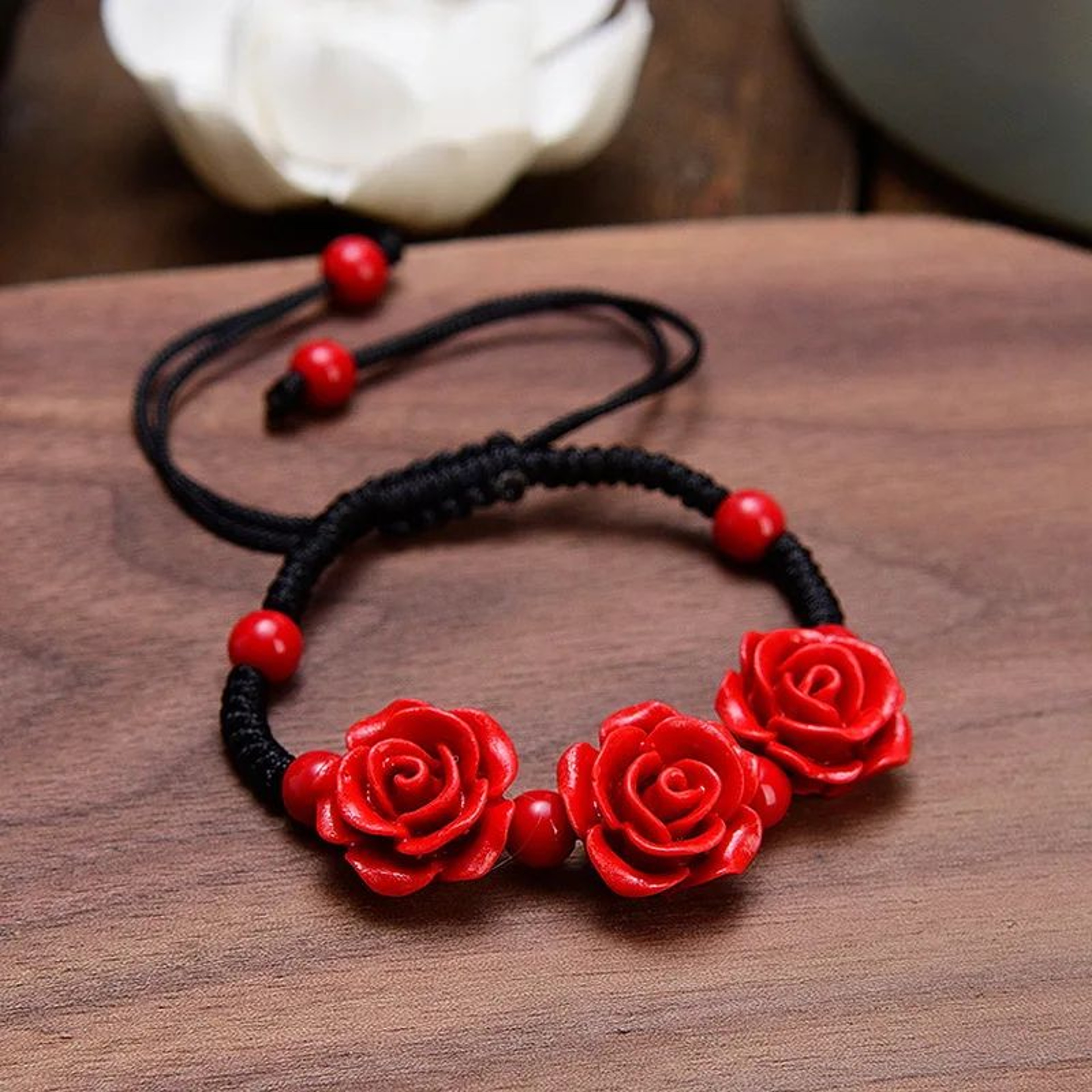 Korean Handmade Braided Rose Flower Bracelet  Boho Red Rope Beaded Bracelet For Women  Girls 11