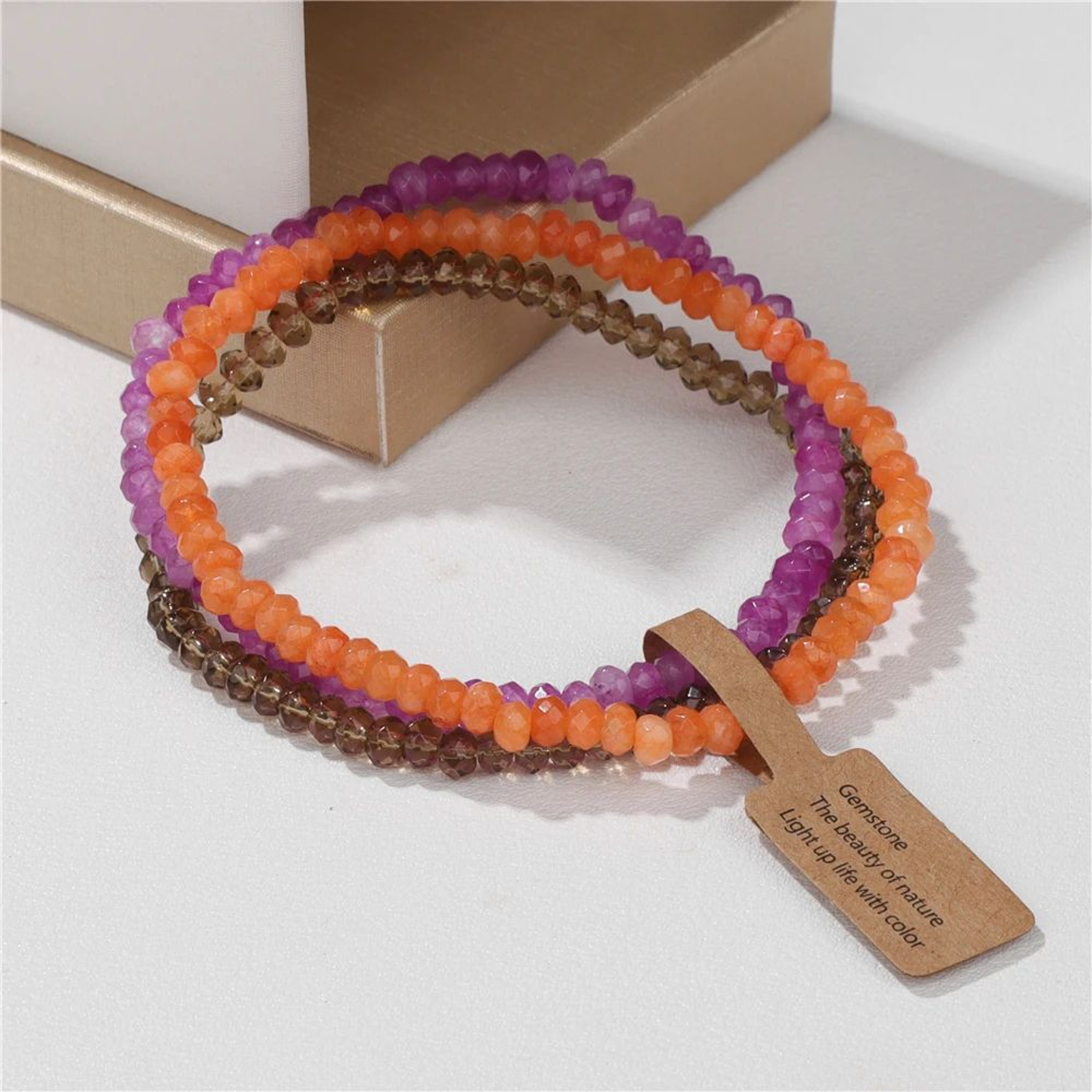 3pcs Natural Crystal Beaded Bracelets With Wish Card  Faceted Elastic Healing Stone Bracelets For W 2