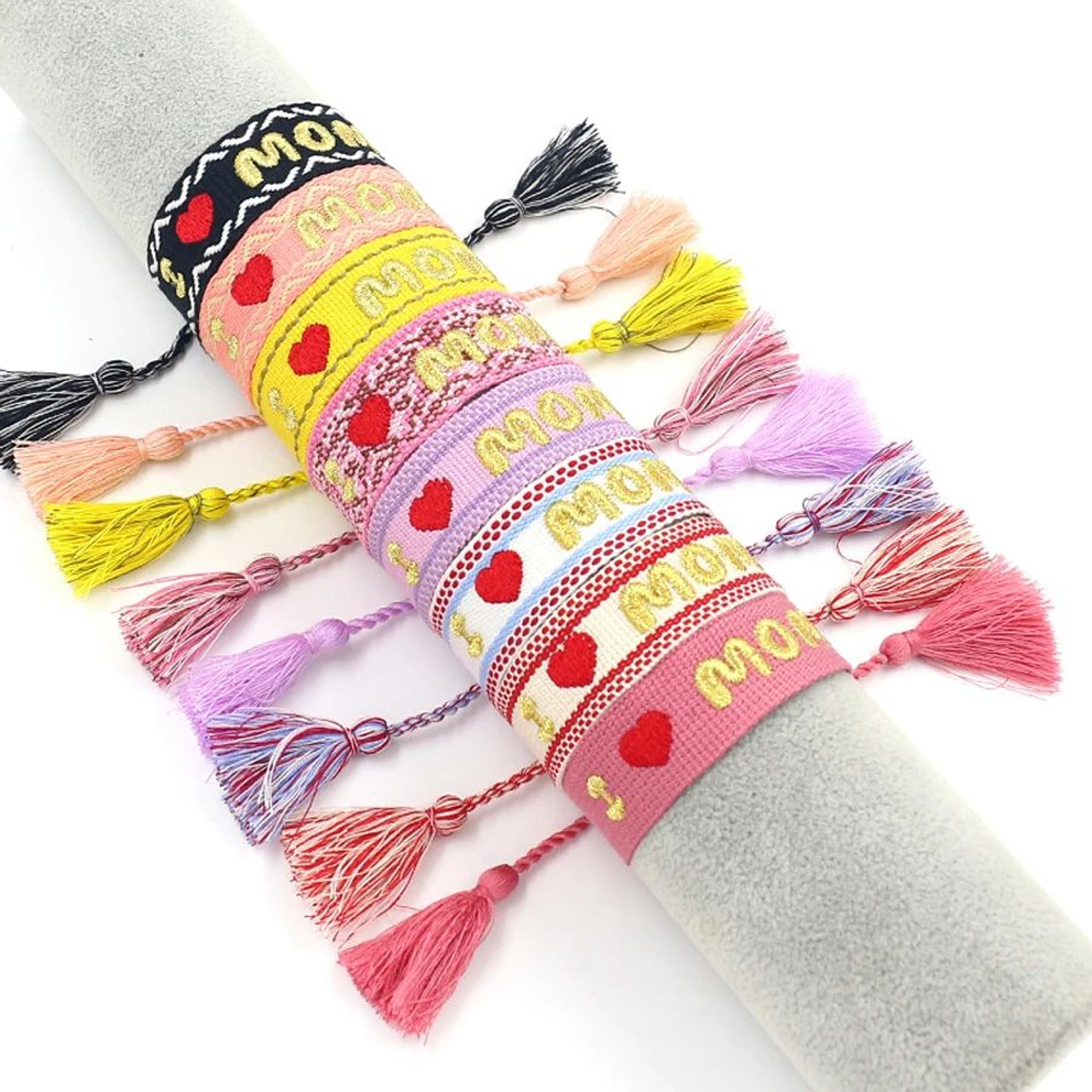 Boho Woven Friendship Wrap Bracelet  Handmade Braided Love Heart Embroidered Adjustable Rope Bracel