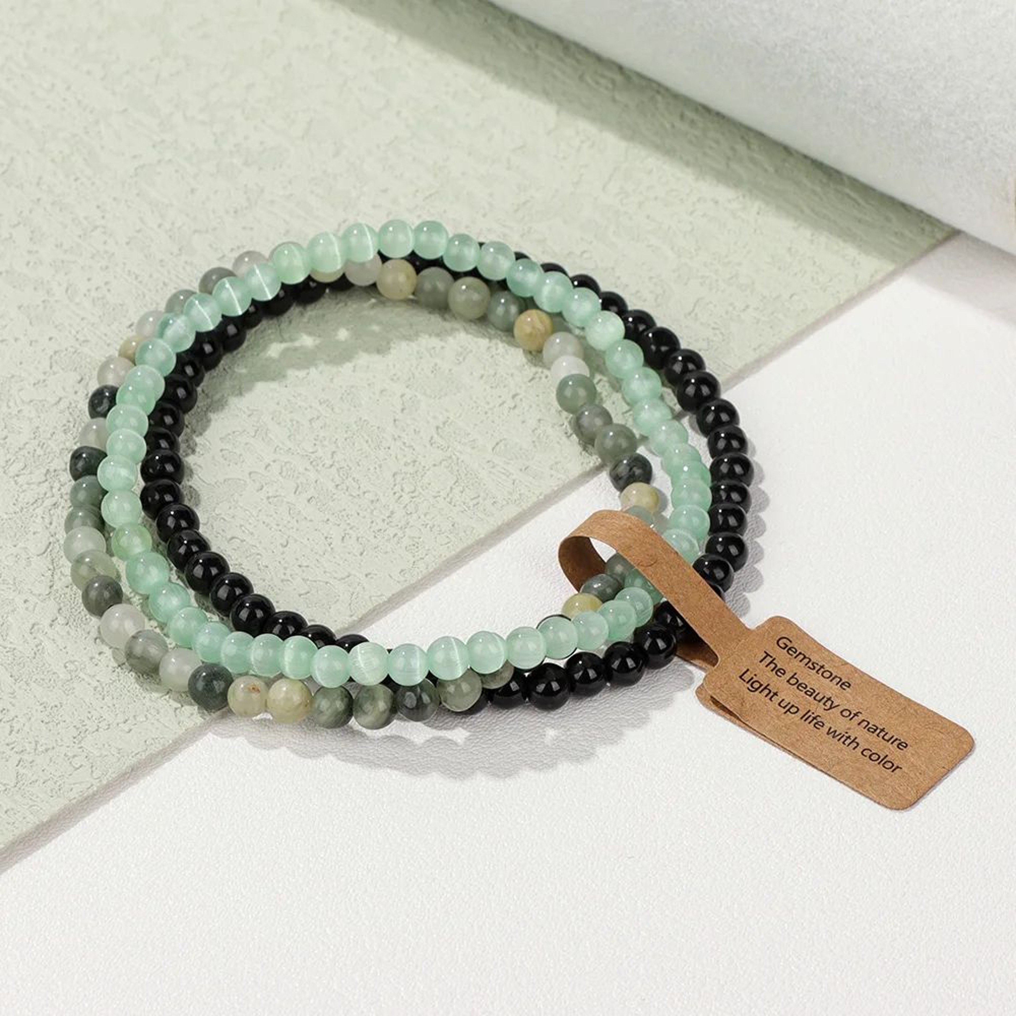 3pcs Natural Stone Bead Bracelets  4 Mm Quartz Agate  Black Onyx Elastic Stretch Bracelets For Wome