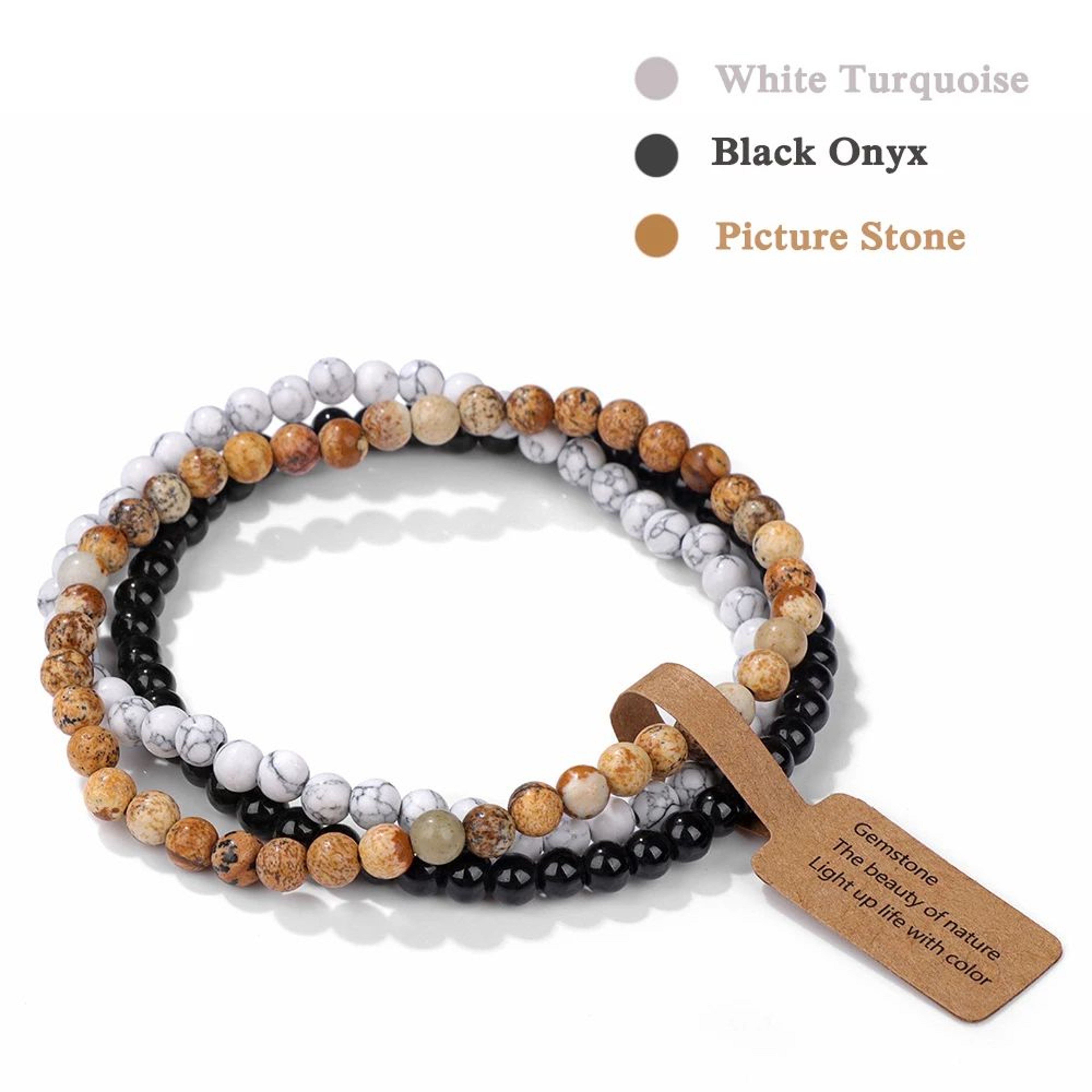 3pcs Natural Stone Bead Bracelets  4 Mm Quartz Agate  Black Onyx Elastic Stretch Bracelets For Wome 10