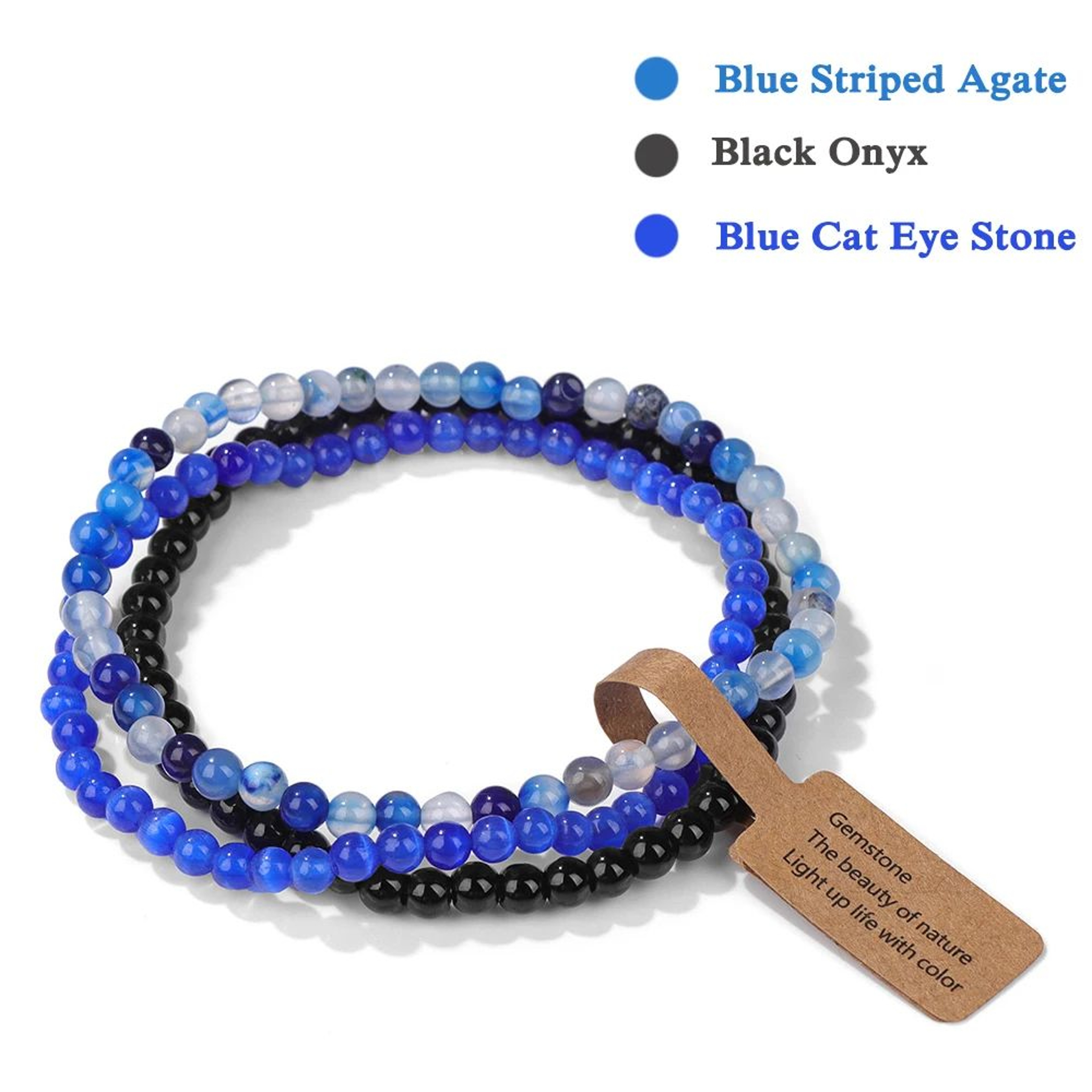 3pcs Natural Stone Bead Bracelets  4 Mm Quartz Agate  Black Onyx Elastic Stretch Bracelets For Wome 22