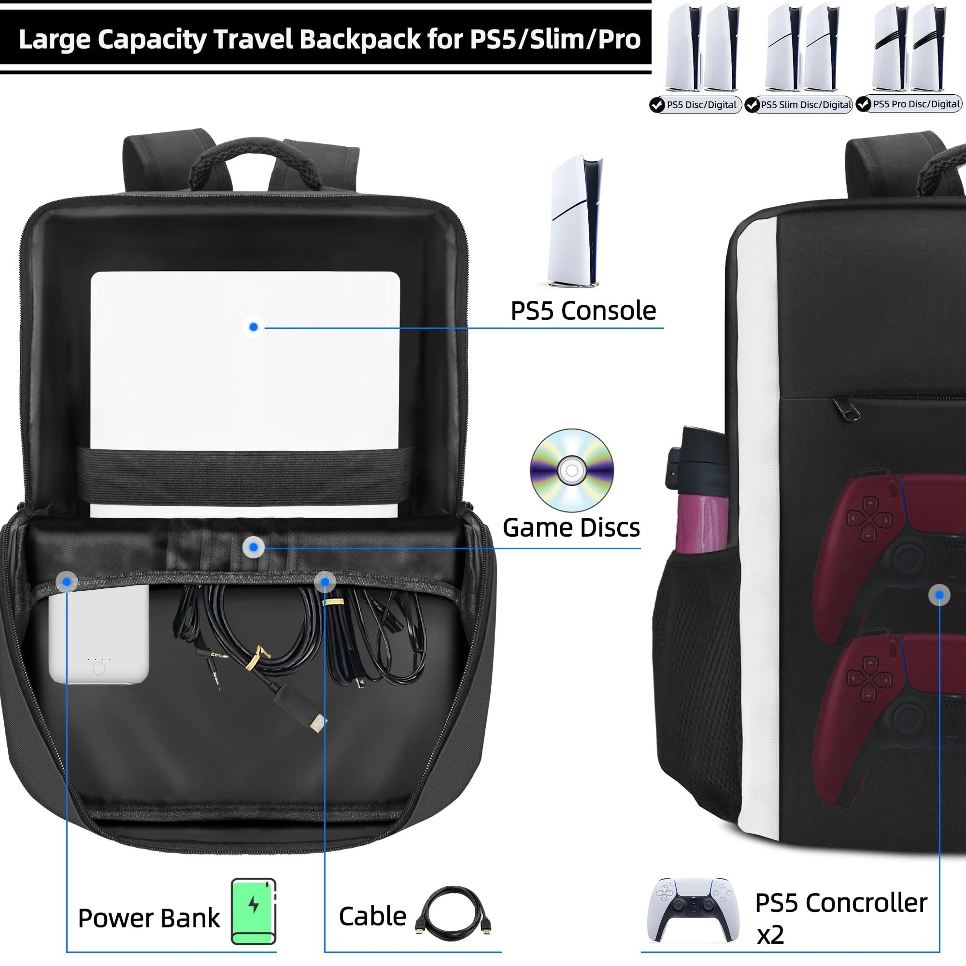 PS5 Console Backpack Carrying Case  Large Capacity Travel Storage Bag For Dual Controllers  Gaming  2